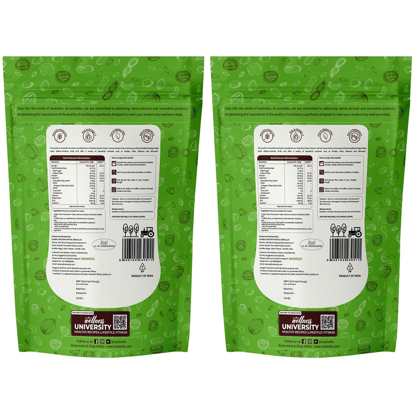 Neuherbs Raw Unroasted Flax Seeds with Fiber for Weight Management Combo Pack of 2-400G Each