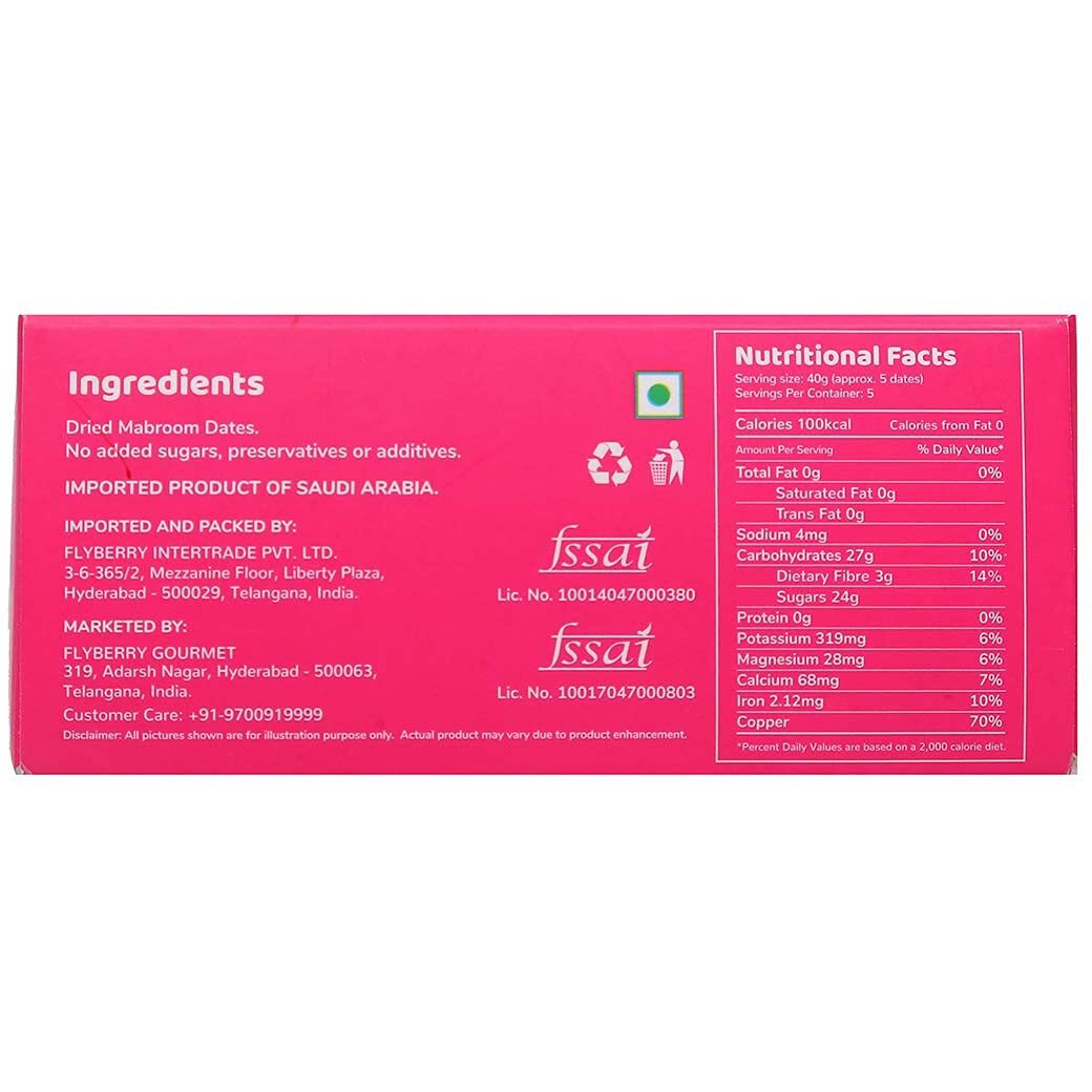 Flyberry Gourmet Mabroom Dates (Khajoor/Khajur) 200g | 100% Natural | Rich in Calcium, Iron and Potassium | Instant Energy