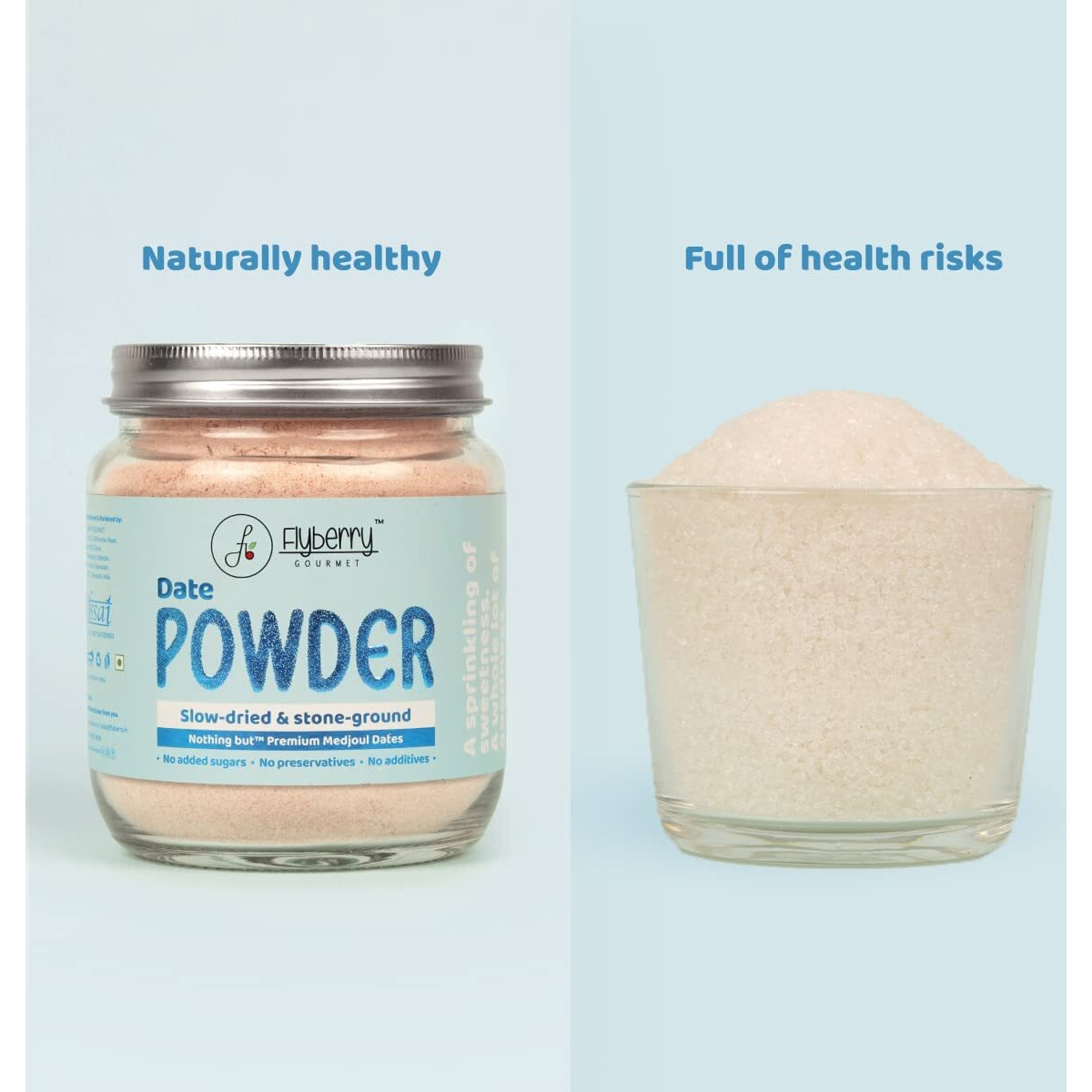 Flyberry Gourmet Dates Powder - 50g | Dried Dates powder | Finely Ground Kharik Powder | Delicious Alternative to Sugar | Best For Kids & Adults | No added Preservatives | Natural Sugar | No added Sugar