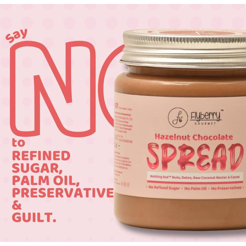 Flyberry Gourmet Hazelnut Chocolate Spread | 34% Hazelnut & 23% Almond | No Palm Oil & Refined Sugar | 100% Natural Ingredients | No Added Preservatives | Easy To Spread on Bread, Paratha | 200 g