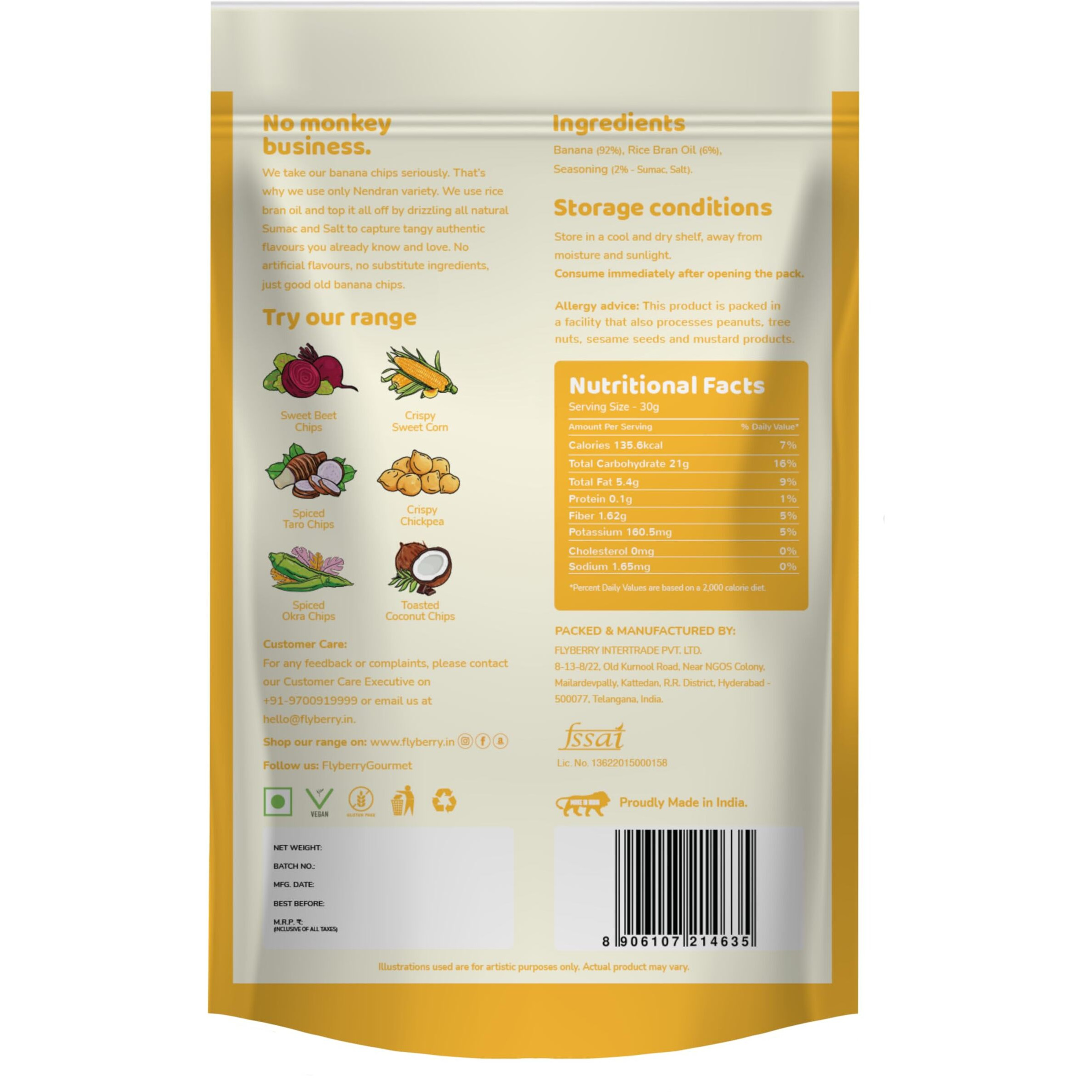 Flyberry Gourmet Vacuum Cooked Banana Chips 120g(Pack of 4, 30g each) - No Palm Oil, Less than 6% Rice Bran Oil, Healthy Snacking with High Nutrient Content, No Added Preservatives