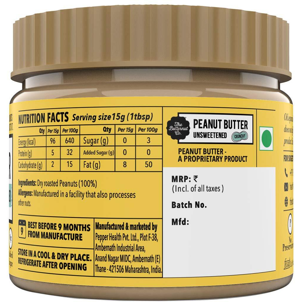 The Butternut Co. Natural Peanut Butter (Crunchy) 340g, Unsweetened, 32g Protein, No Added Sugar, 100% Peanuts, No Salt, High Protein Peanut Butter, Gluten Free, Vegan, Cholesterol Free