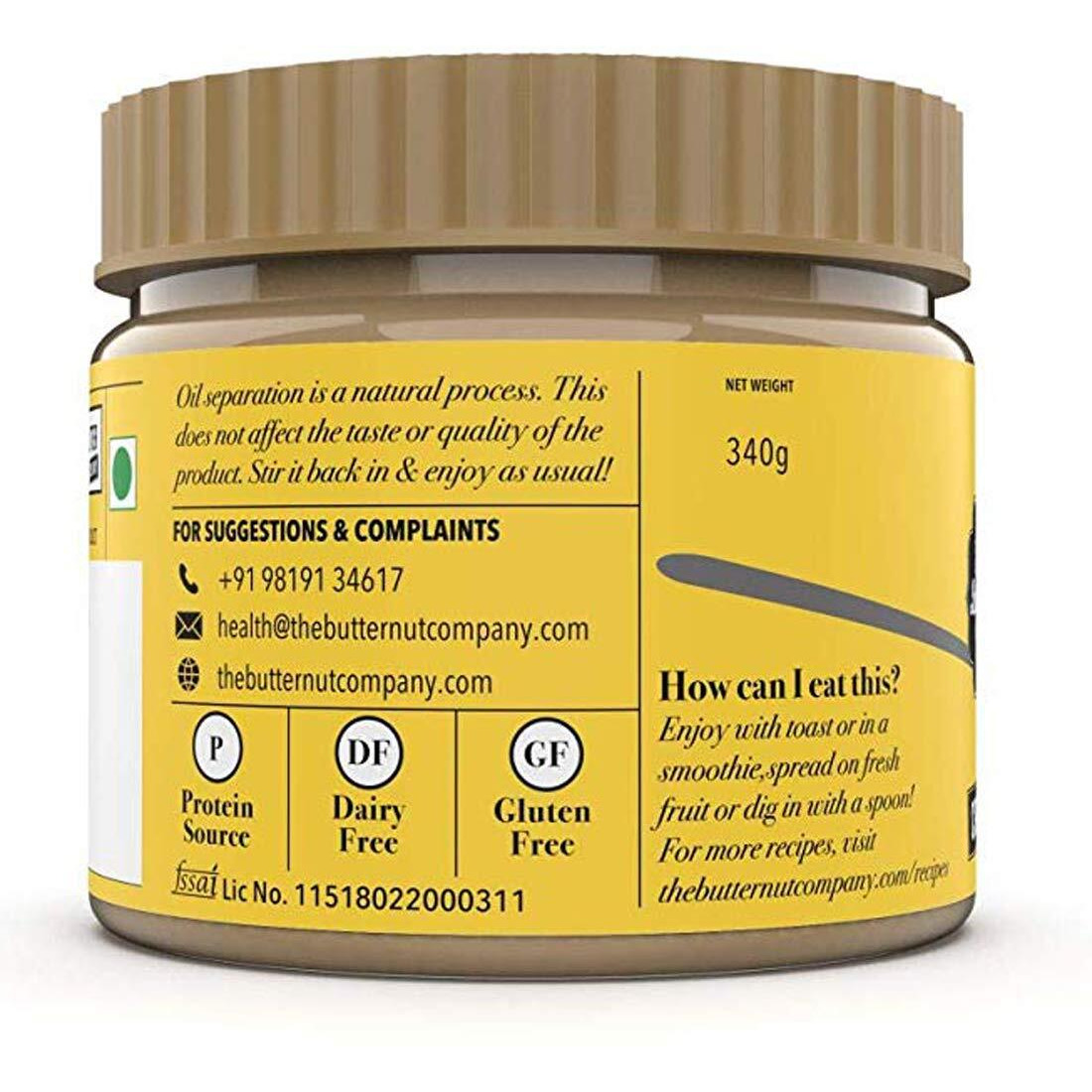 The Butternut Co. Natural Peanut Butter (Crunchy) 340g, Unsweetened, 32g Protein, No Added Sugar, 100% Peanuts, No Salt, High Protein Peanut Butter, Gluten Free, Vegan, Cholesterol Free