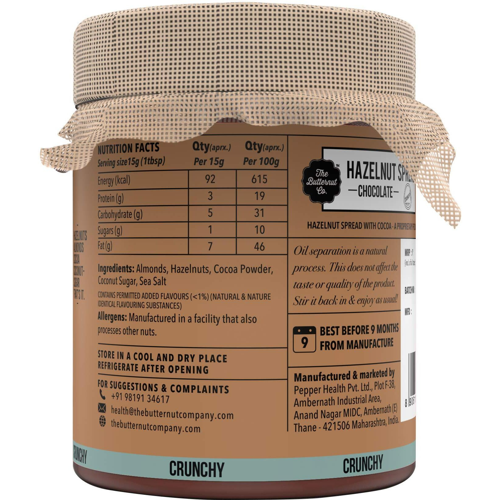 The Butternut Co. Chocolate Hazelnut Spread, 200 gm Crunchy (No Refined Sugar, Vegan, No Preservatives)