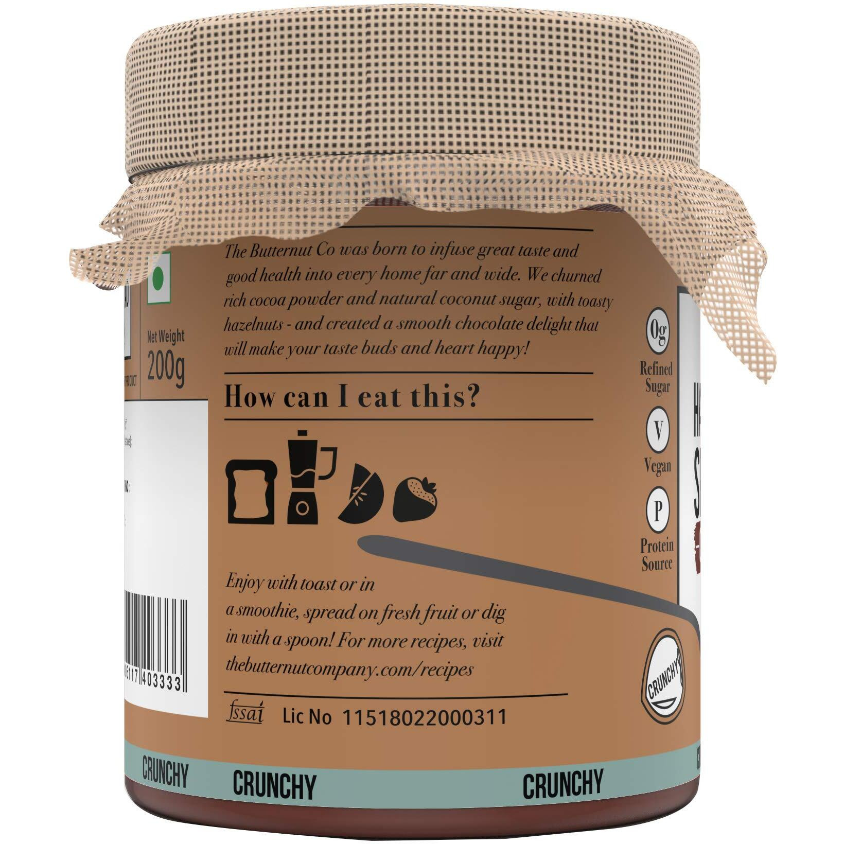 The Butternut Co. Chocolate Hazelnut Spread, 200 gm Crunchy (No Refined Sugar, Vegan, No Preservatives)