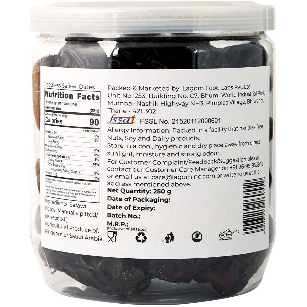Lagom Gourmet Seedless Safawi Dates 250G | Saudi Arabia Dates | All Natural | No Preservatives | No Added Sugar | Gluten Free Vegan Plant Based Non Gmo Dates Dry Fruits Khajoor | Khejur