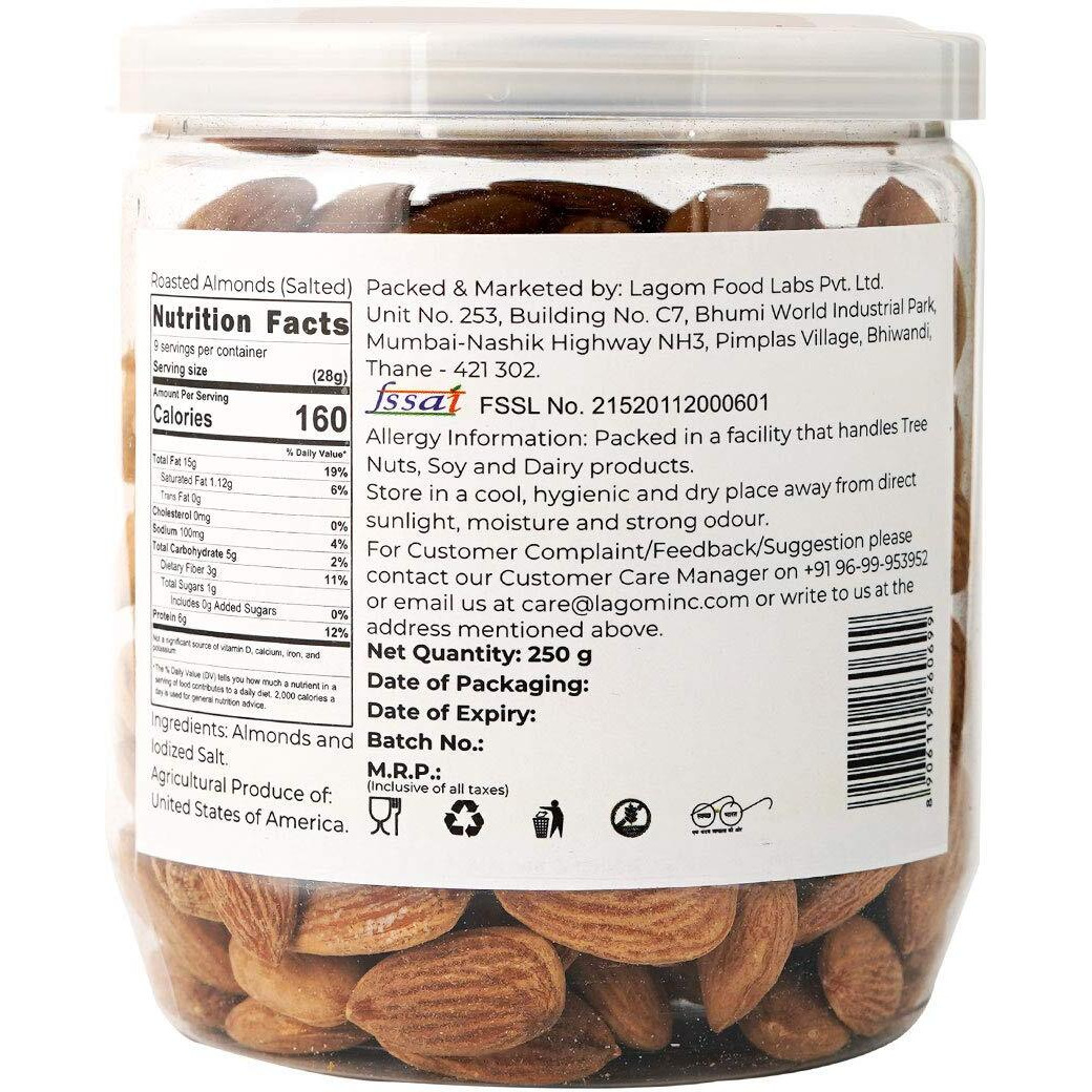 Lagom Gourmet Roasted Almonds 250G | Lightly Salted | Dry Roasted | No Oil Used | Roasted To Perfection | No Preservatives | No Artificial Flavors | Gluten Free | Non Gmo | Nuts Dry Fruits