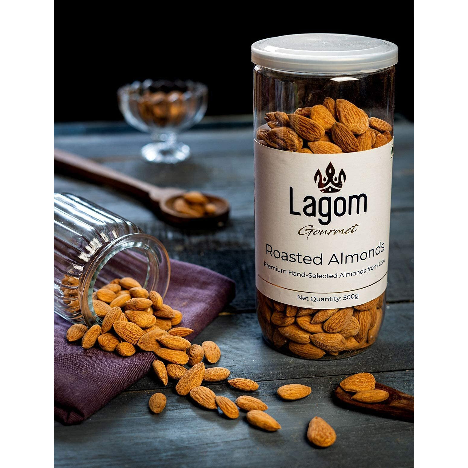 Lagom Gourmet Roasted Almonds 500G,Lightly Salted,Dry Roasted,No Oil Used,Roasted To Perfection,No Artificial Flavors,Gluten Free,Vegan,Non Gmo,Nuts Dry Fruits,California Almonds,Salted Almonds,Badam
