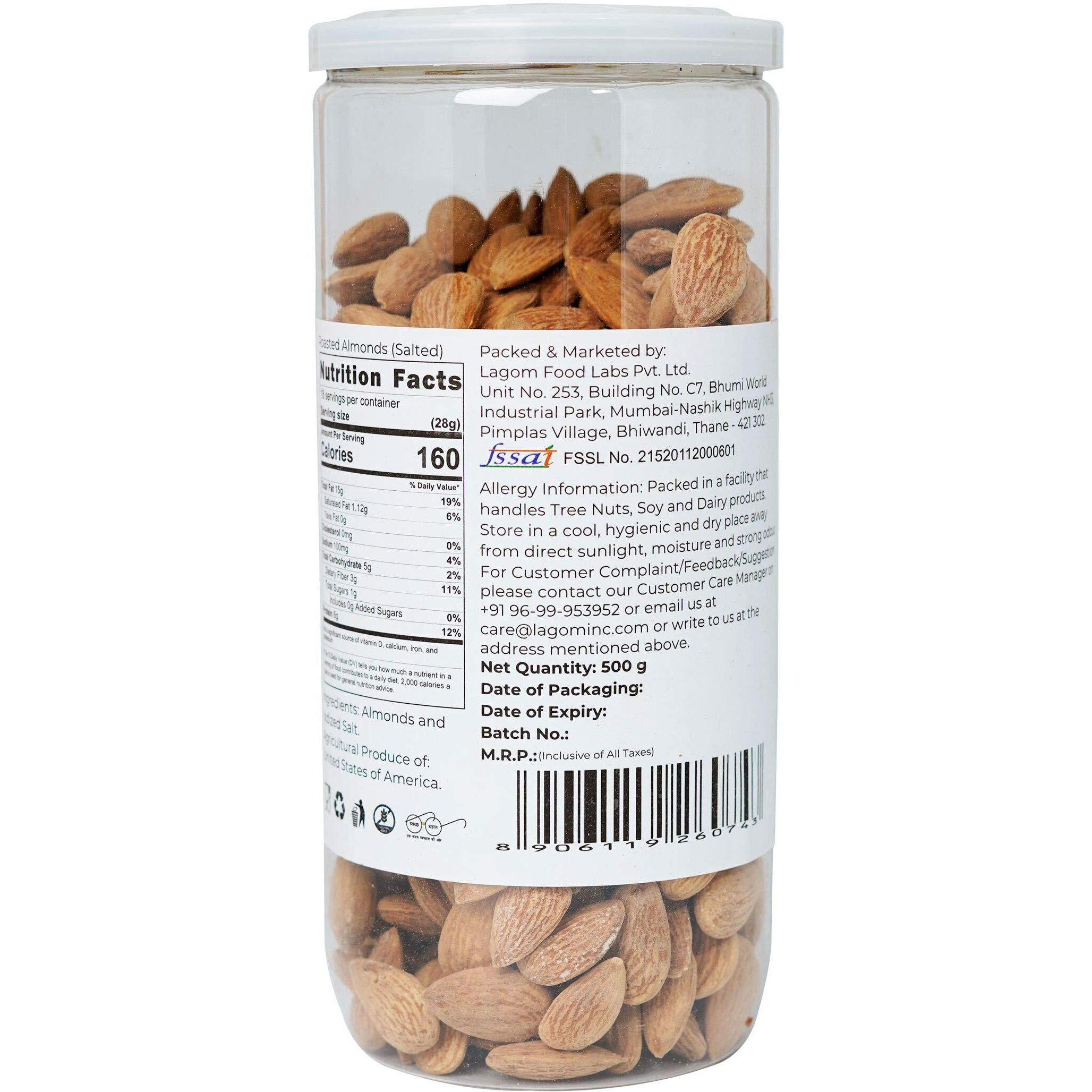 Lagom Gourmet Roasted Almonds 500G,Lightly Salted,Dry Roasted,No Oil Used,Roasted To Perfection,No Artificial Flavors,Gluten Free,Vegan,Non Gmo,Nuts Dry Fruits,California Almonds,Salted Almonds,Badam