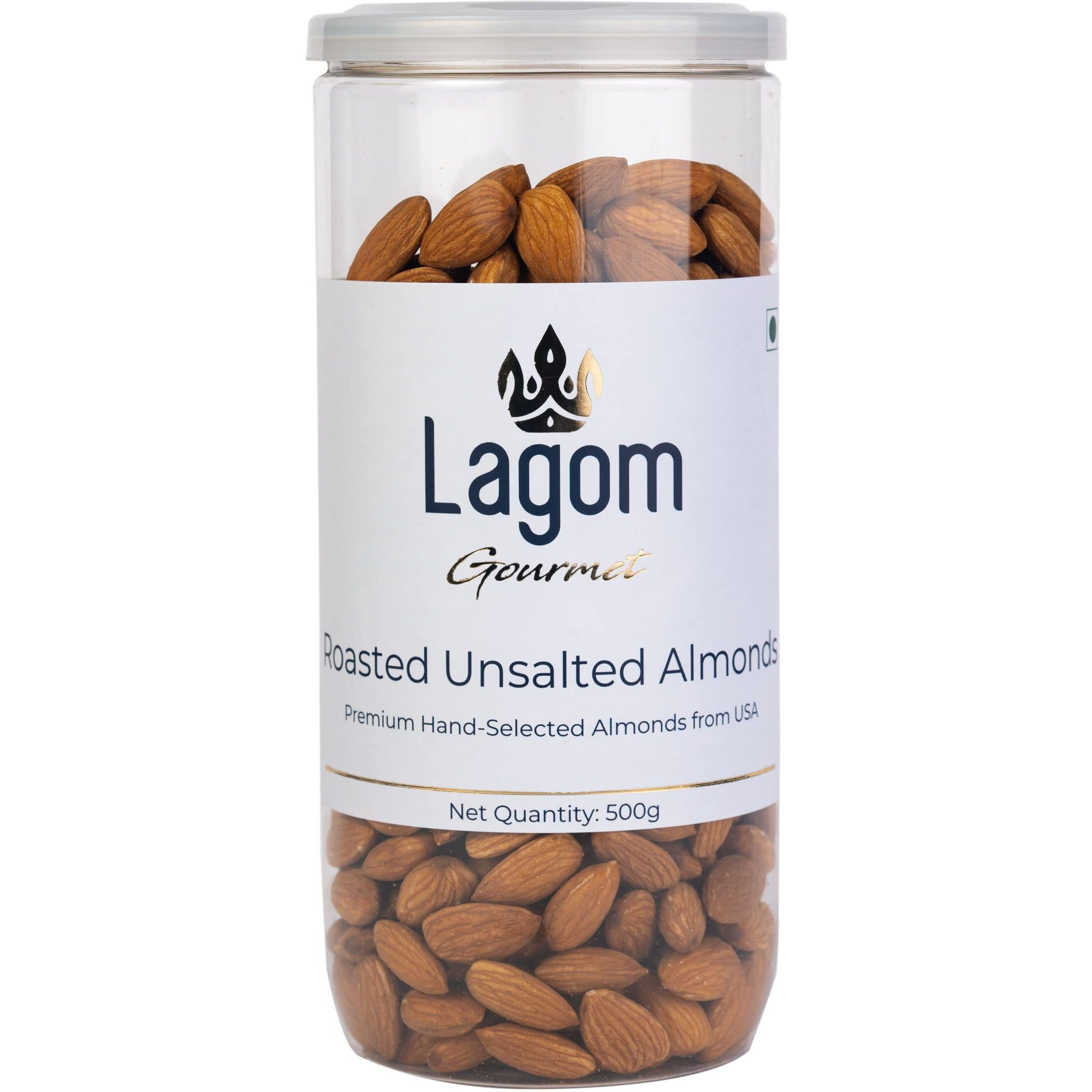 Lagom Gourmet Roasted Unsalted Almonds 500G|No Salt|Dry Roasted|No Oil Used|Roasted To Perfection|No Preservatives|No Artificial Flavors|Gluten Free|Vegan|Non Gmo|California Almonds|Unsalted Almonds