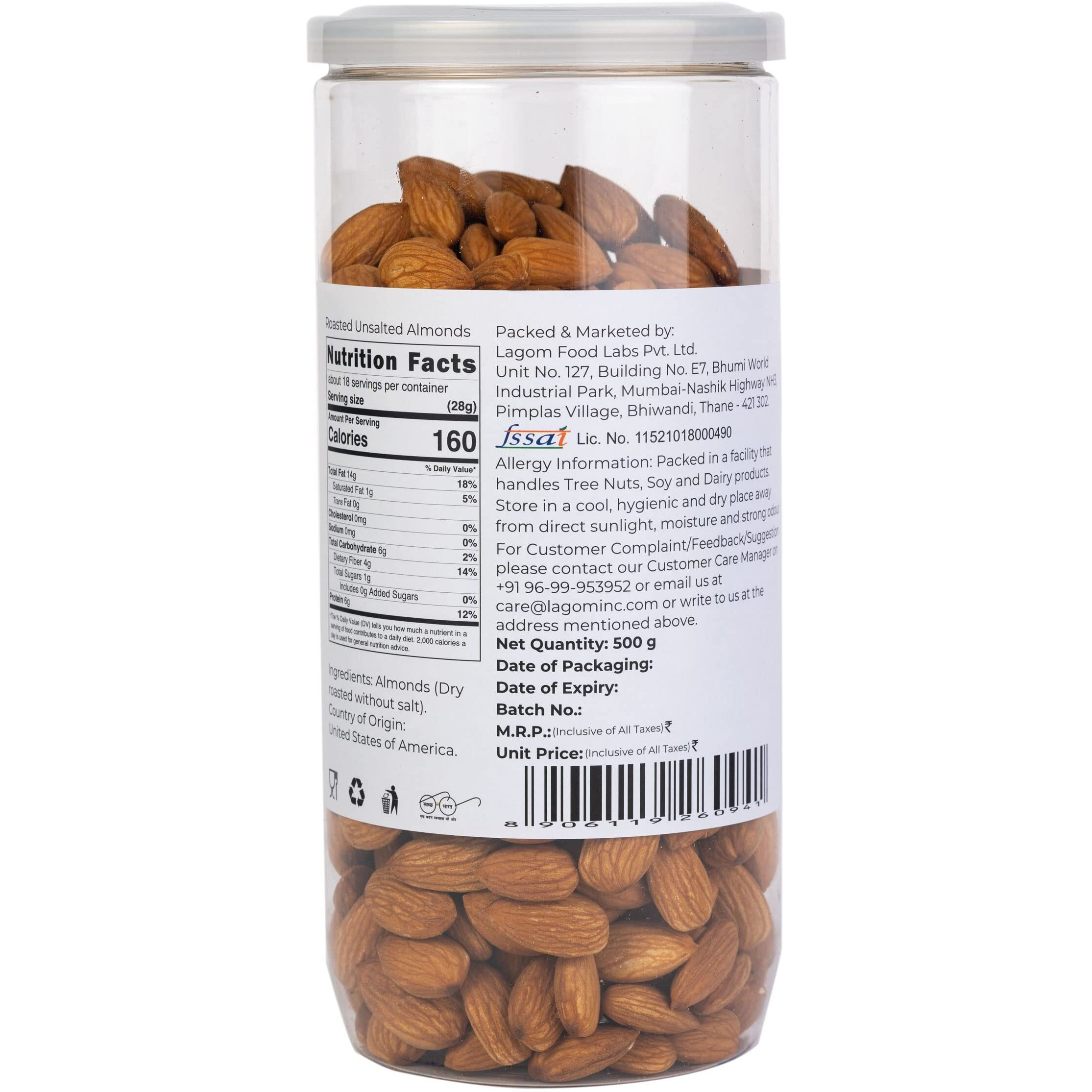 Lagom Gourmet Roasted Unsalted Almonds 500G|No Salt|Dry Roasted|No Oil Used|Roasted To Perfection|No Preservatives|No Artificial Flavors|Gluten Free|Vegan|Non Gmo|California Almonds|Unsalted Almonds