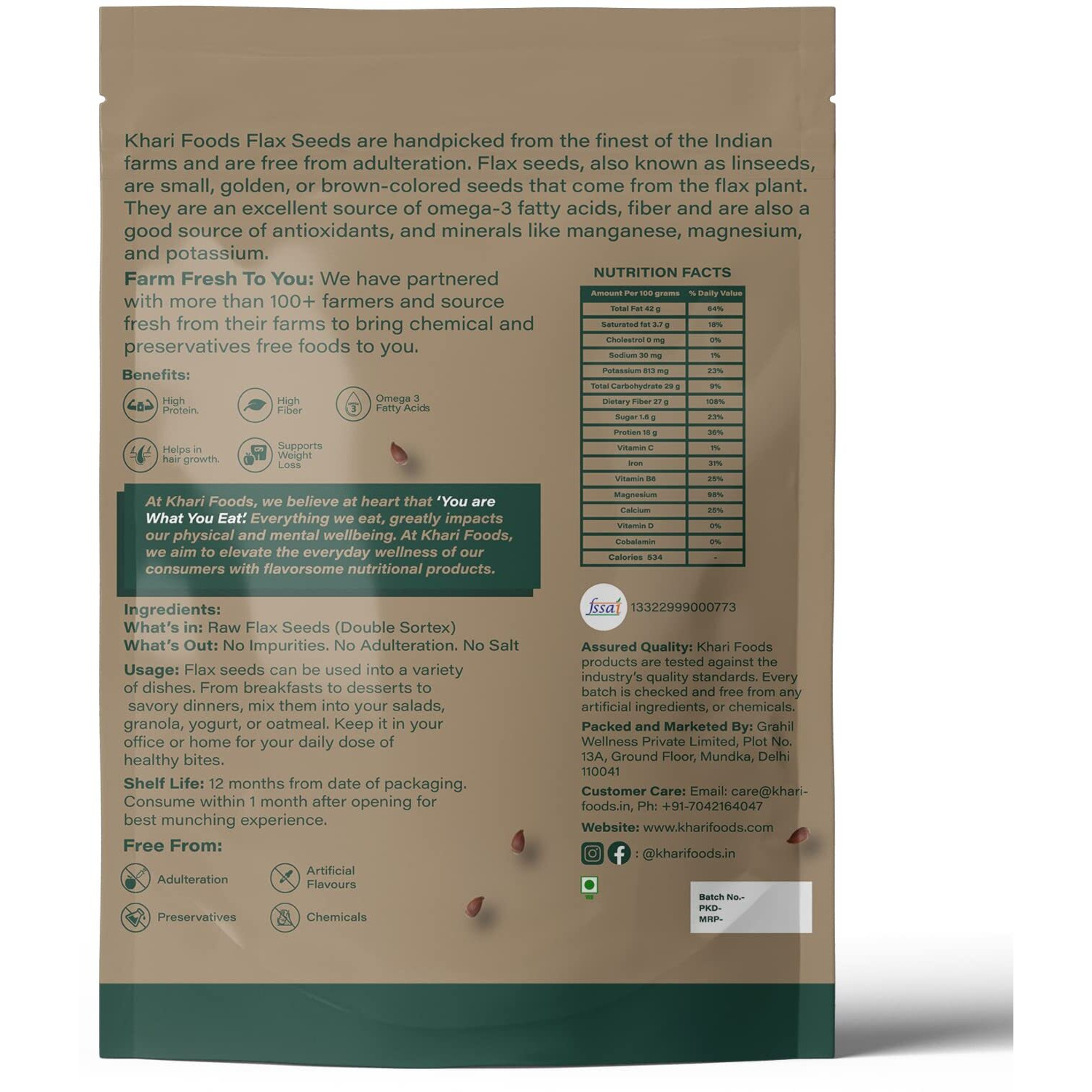 Khari Foods Organic Flax Seeds 500g, Fat Loss, Omega 3 & Anti-oxidants Rich, Gluten Free (500g)
