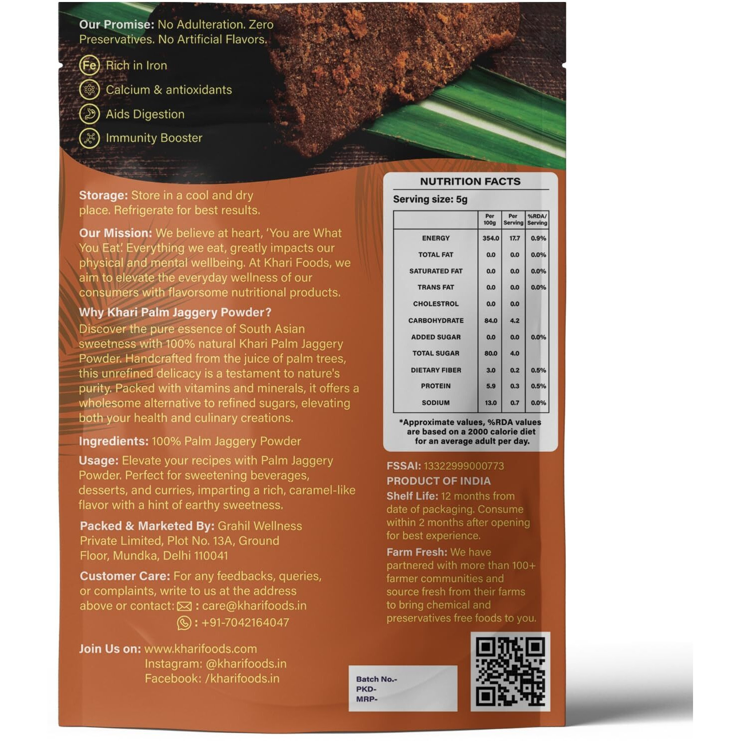 Khari Foods Pure Organic Jaggery Powder, Gur Powder/Shakkar, No Preservatives Guaranteed (Palm Jaggery 400g)