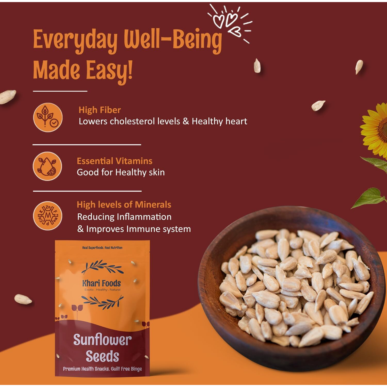 Khari Foods Premium Sunflower Seeds, High Fibre Seeds for Eating, Energy Healthy Snacking, Preservative Free (400g)