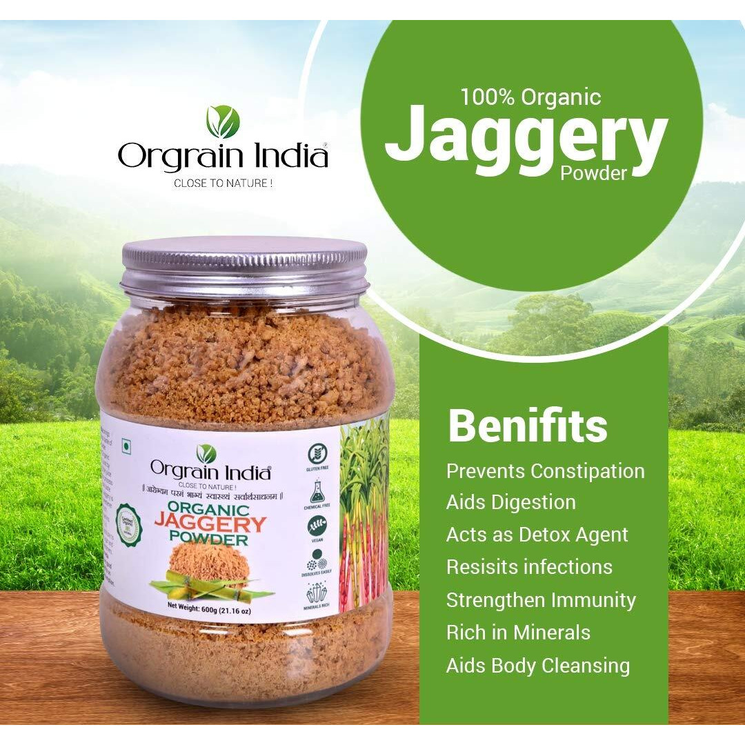 Orgrain India Organic Jaggery Powder, 1.8 Kg (Pack of 3*600g) | Hand Crushed Gur Powder | Organically Grown | No Preservatives Added | No Artificial Flavors