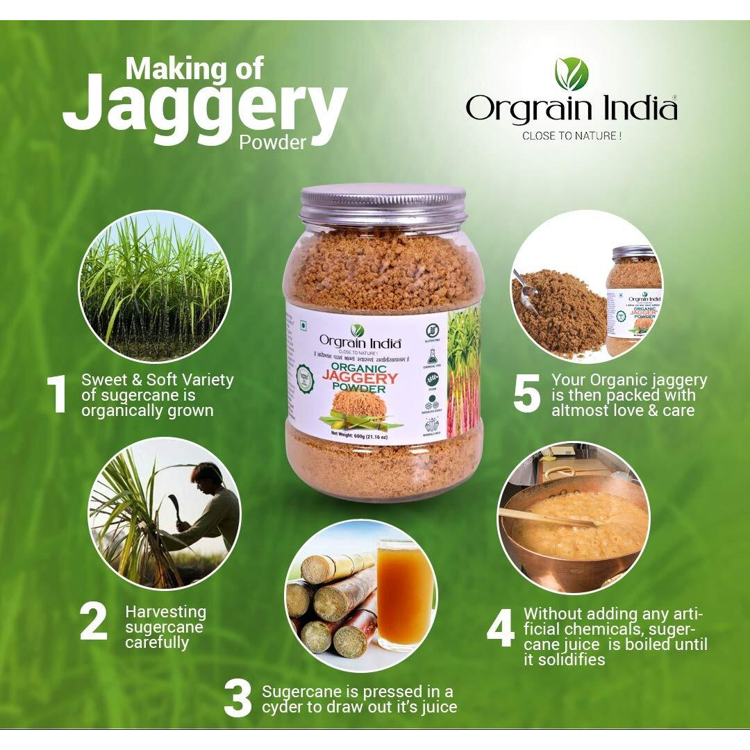 Orgrain India Organic Jaggery Powder, 1.8 Kg (Pack of 3*600g) | Hand Crushed Gur Powder | Organically Grown | No Preservatives Added | No Artificial Flavors