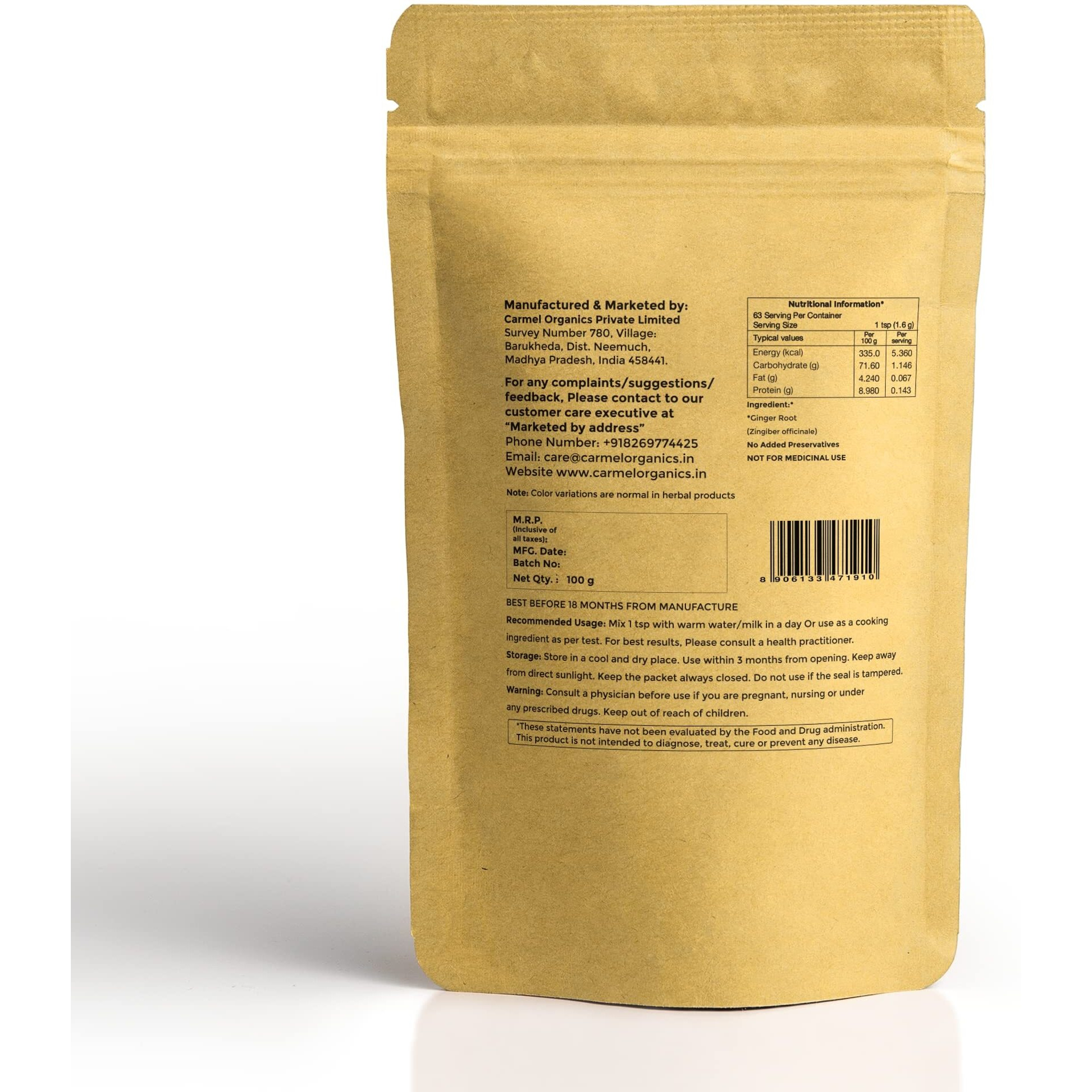 CARMEL ORGANICS Ginger Root Powder (100 Grams)| Zingiber officinale | NON-GMO | No Added Preservatives | Sukku Podi | Dry Sonth/Adrak Powder for Cooking and Health