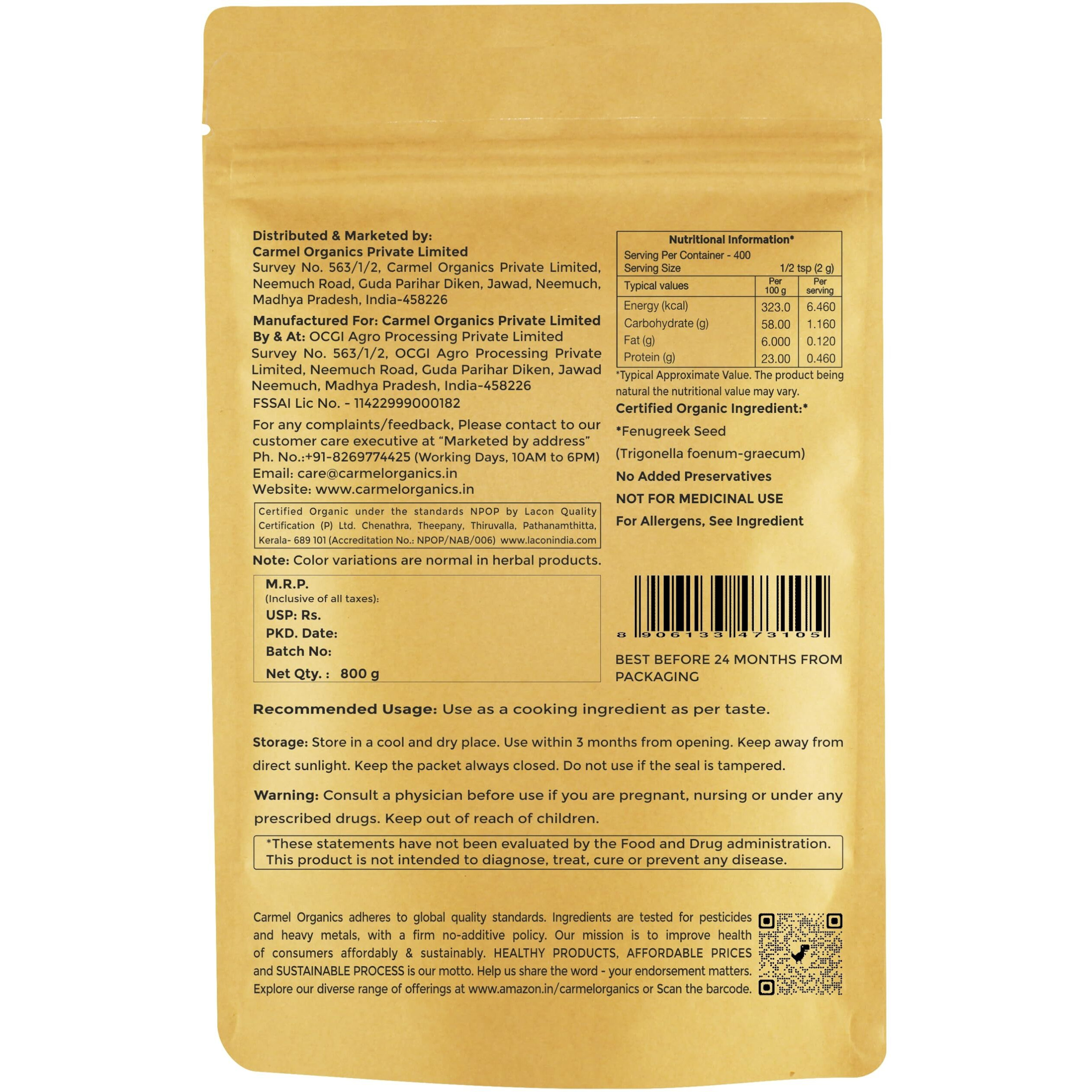 CARMEL ORGANICS Fenugreek Seed/Methi Seeds (Whole, 800 Grams) For Your Hair Growth & Health Care,Trigonella Foenum-Graecum,Jaivik Bharat Certified,Menthya,Venthayam,Menthulu,No Added Preservatives
