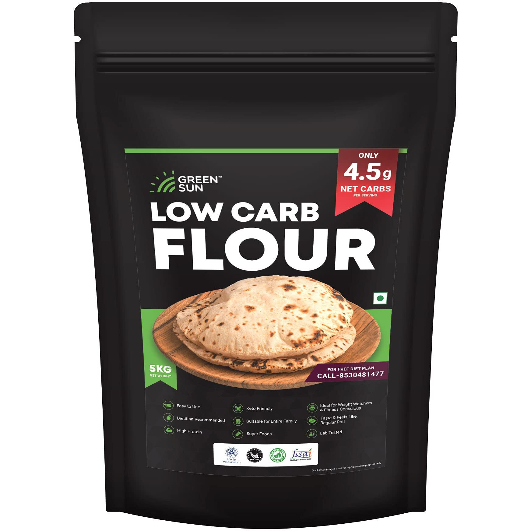 Green Sun Low Carb Flour 5 Kg | Only 4.5 g Net Carbs Per Roti | Tasty & Easy to Make Keto Friendly | High Fiber | High Protein | Super Foods | Dietitian Recommended | Weight watchers | Family Atta