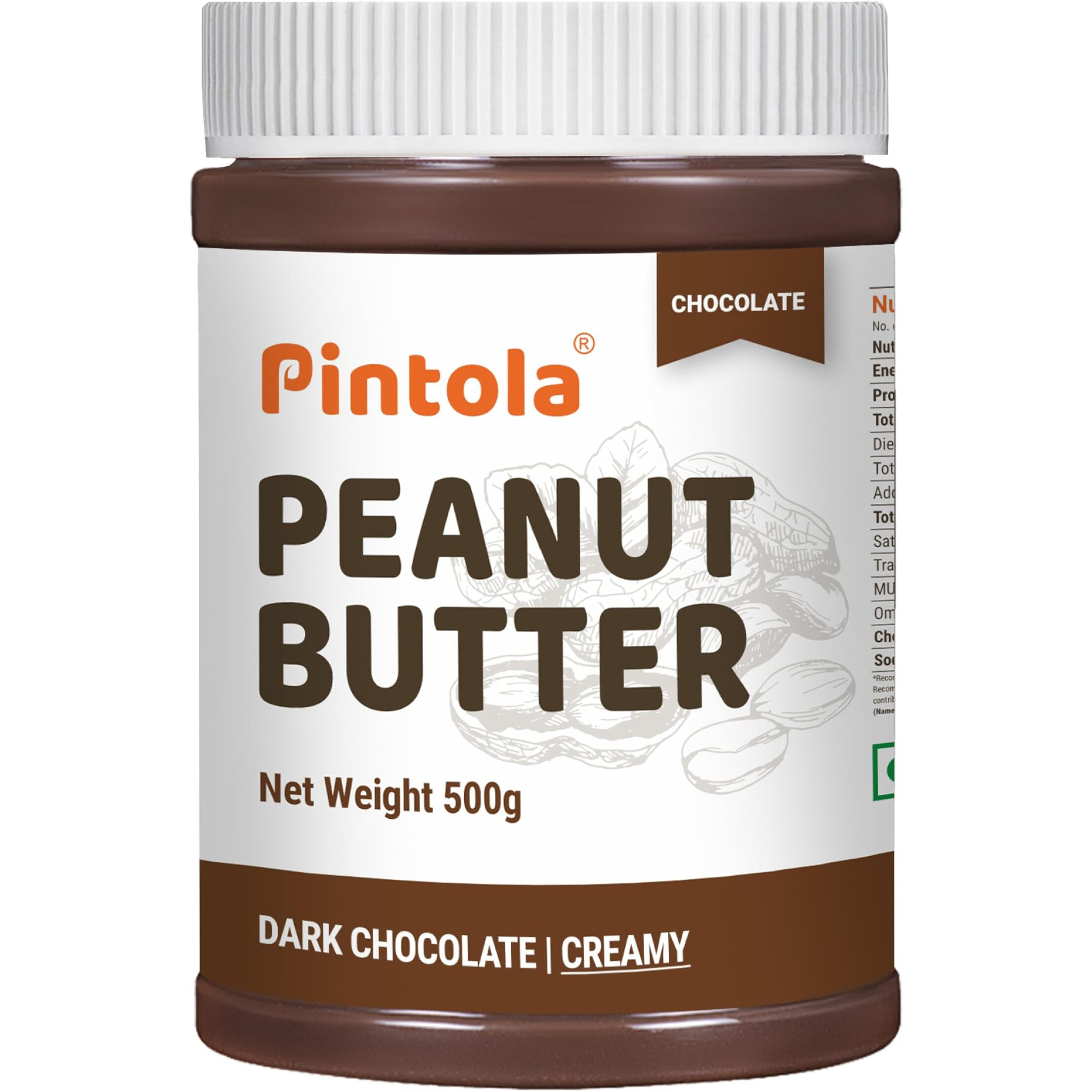 Pintola Peanut Butter Chocolate Flavour Creamy 500g - 18.6g Protein & 5.2g Dietary Fiber, Made with Premium Roasted Nuts & Cocoa, Gluten Free, Zero Cholesterol & Trans Fat, Vit E & B3, Dark Chocolate