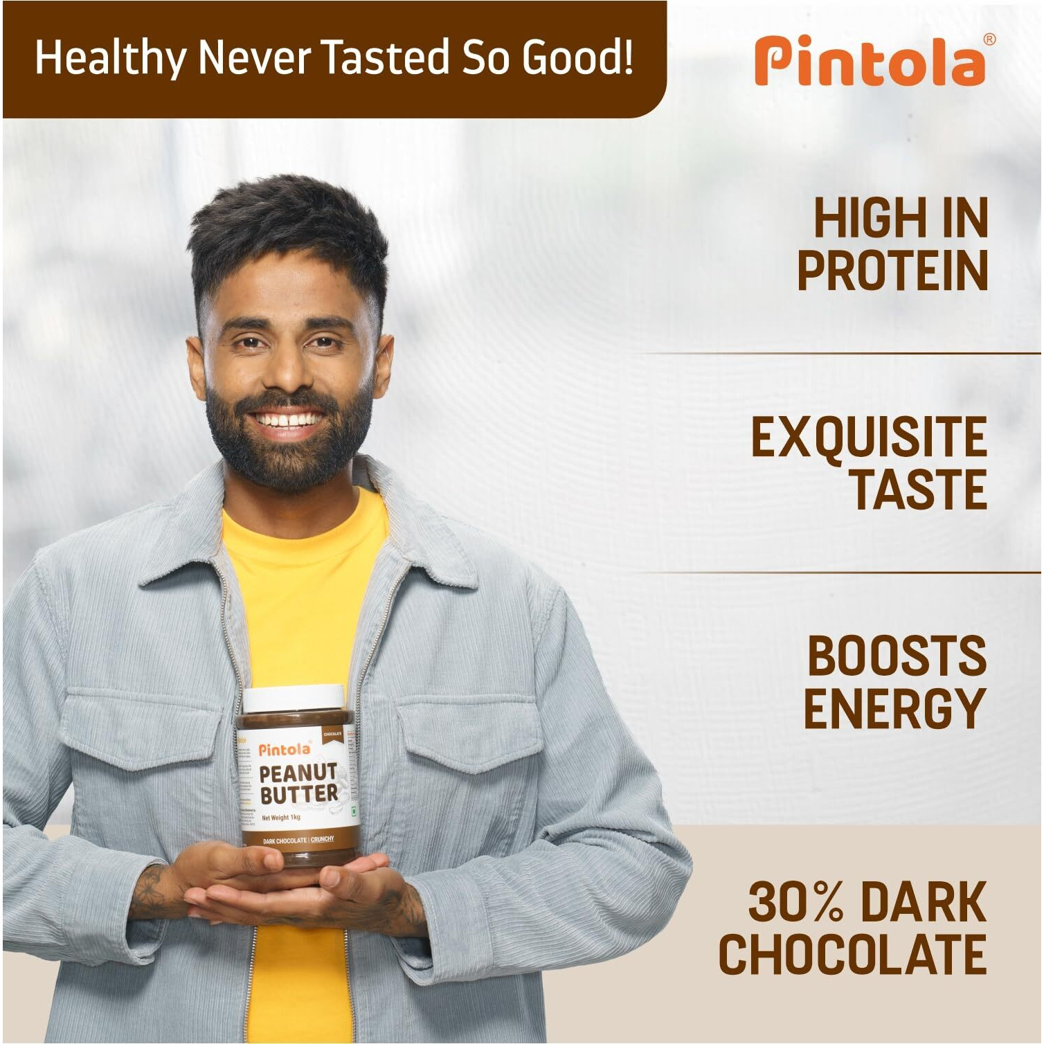 Pintola Peanut Butter Chocolate Flavour Creamy 500g - 18.6g Protein & 5.2g Dietary Fiber, Made with Premium Roasted Nuts & Cocoa, Gluten Free, Zero Cholesterol & Trans Fat, Vit E & B3, Dark Chocolate