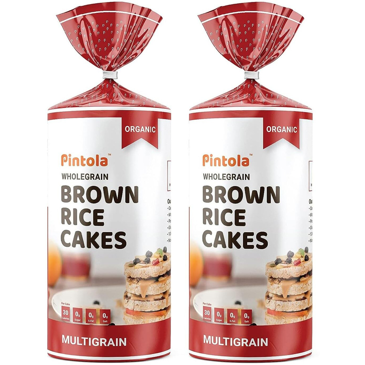 PINTOLA Organic Brown Rice Cake - Multigrain (Unsalted, Pack of 2) (130 g x 2), Gluten-Free Snack for Weight Loss, Made with 9 Wholegrains, Soy and Yeast-Free, Taste Best With Peanut Butter, Low Fat, 30 calorie per cake