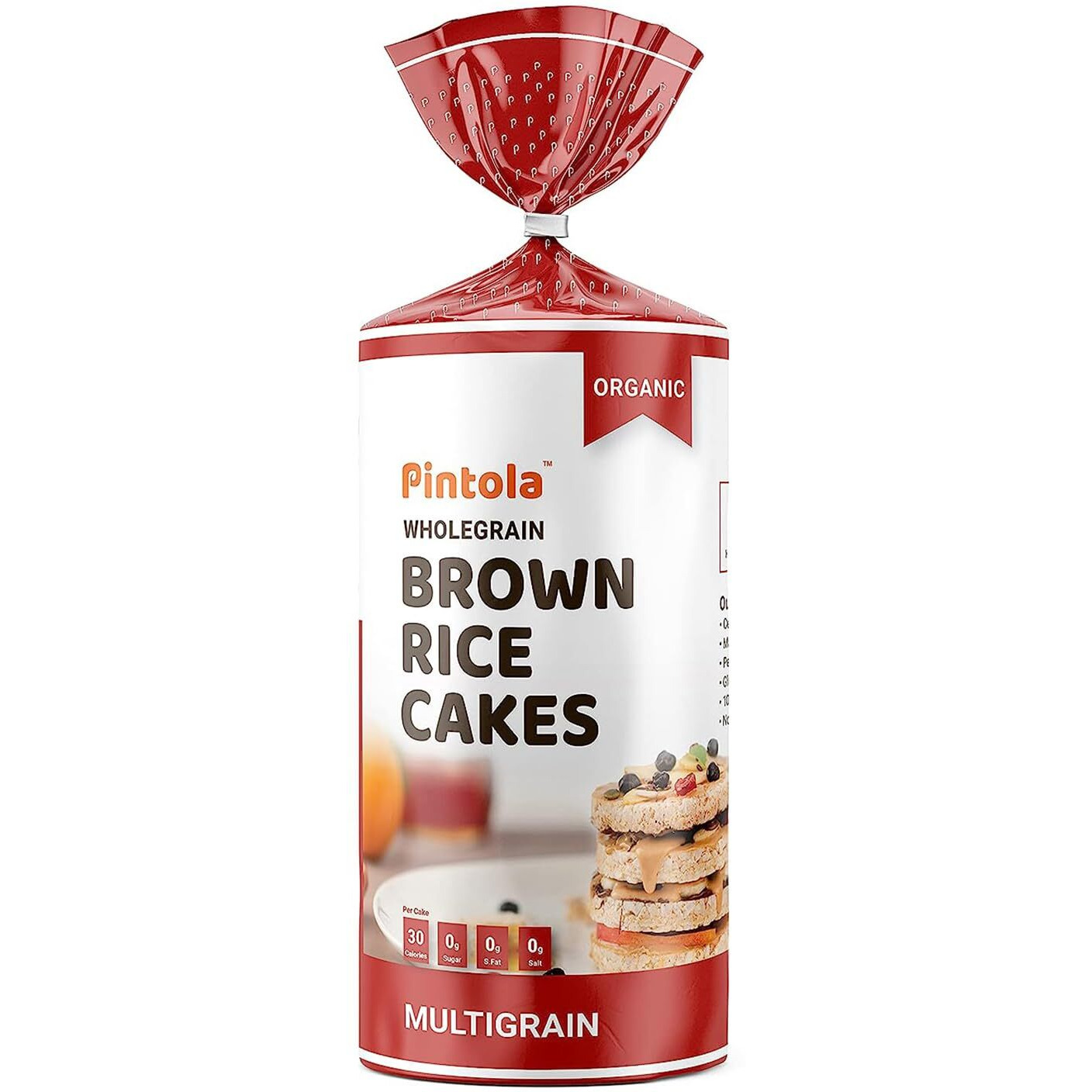 PINTOLA Organic Brown Rice Cake - Multigrain (Unsalted, Pack of 2) (130 g x 2), Gluten-Free Snack for Weight Loss, Made with 9 Wholegrains, Soy and Yeast-Free, Taste Best With Peanut Butter, Low Fat, 30 calorie per cake