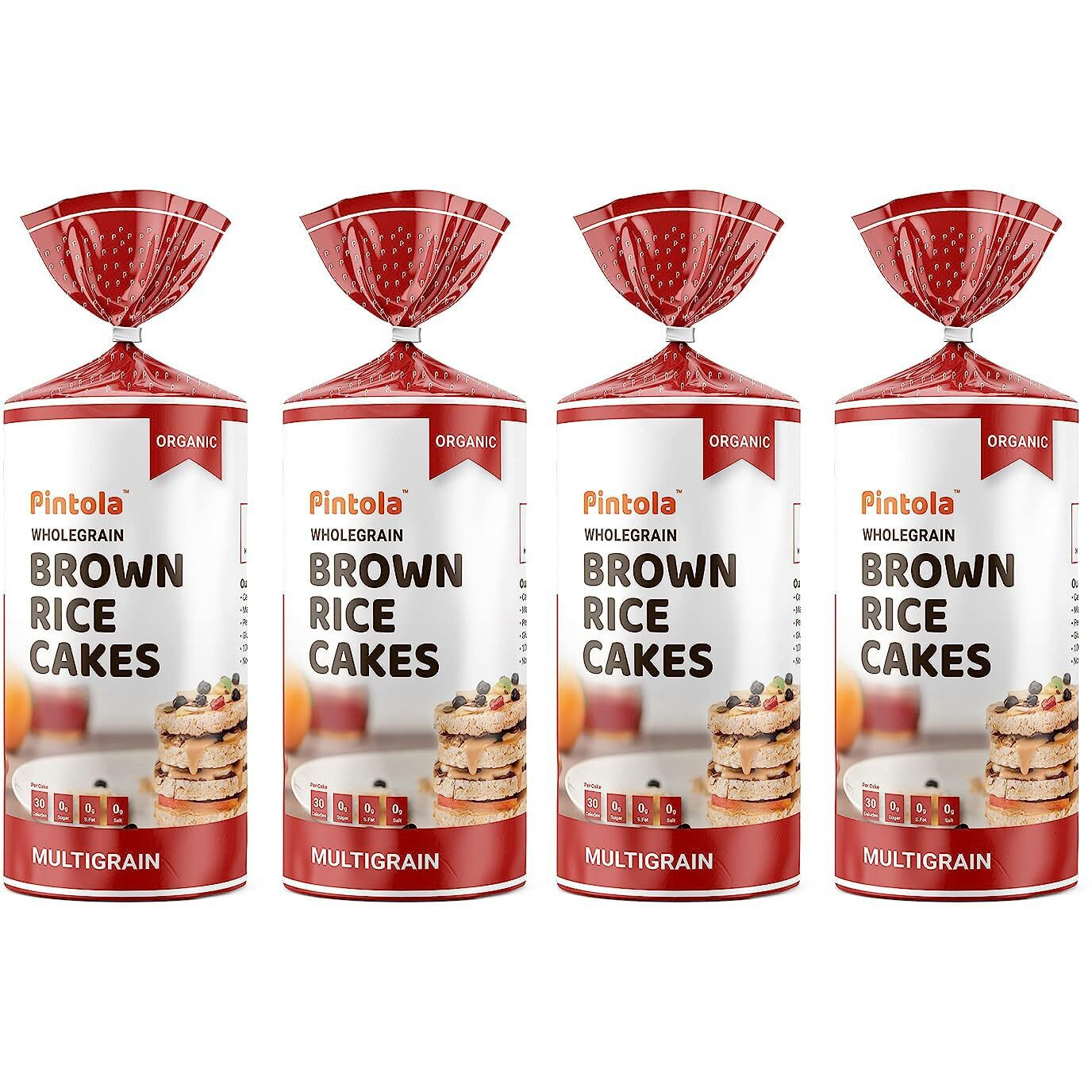 PINTOLA Organic Brown Rice Cake - Multigrain (Unsalted, Pack of 4) (130 g x 4), Gluten-Free Snack for Weight Loss, Made with 9 Wholegrains, Soy and Yeast-Free, Taste Best With Peanut Butter, Low Fat, 30 calorie per cake