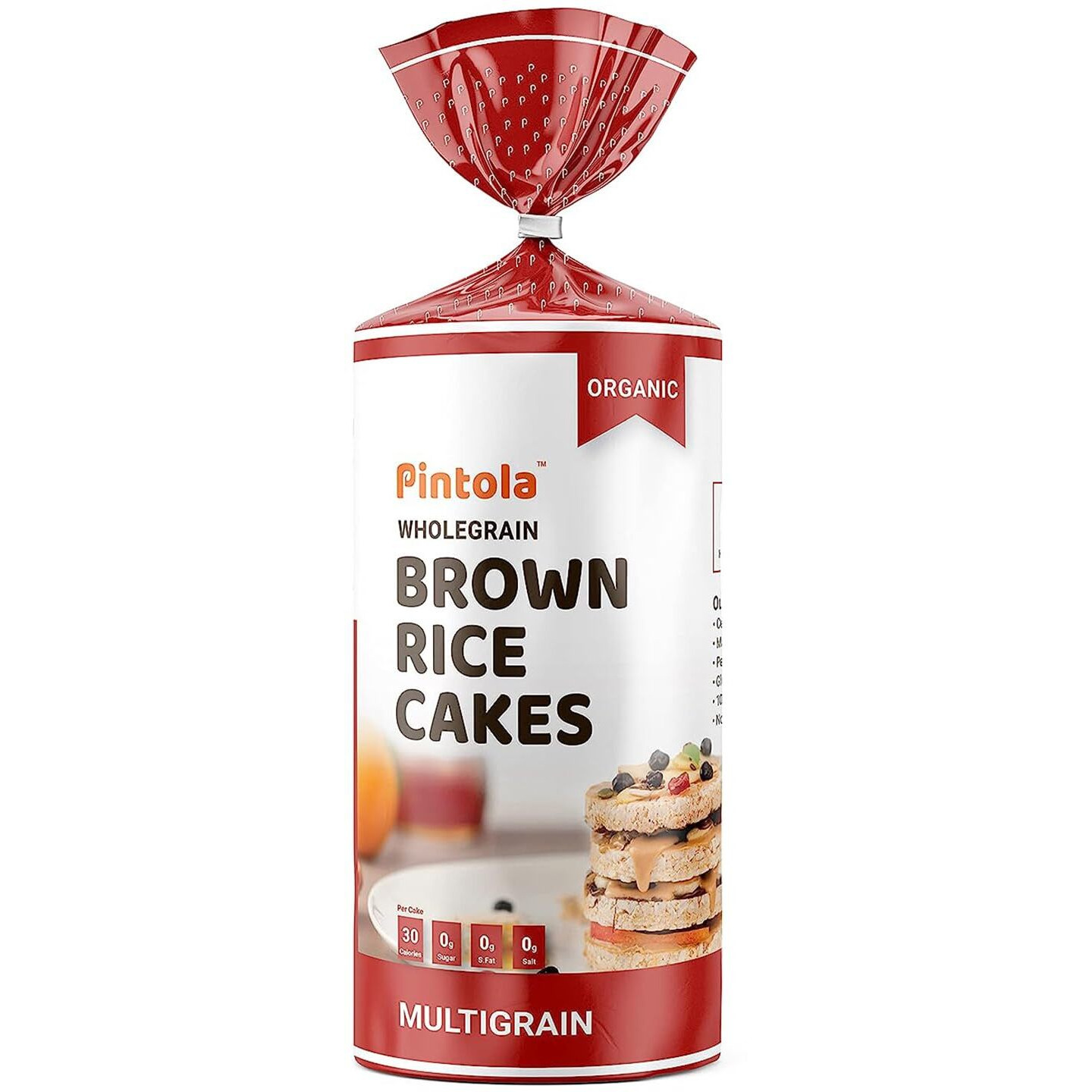 PINTOLA Organic Brown Rice Cake - Multigrain (Unsalted, Pack of 4) (130 g x 4), Gluten-Free Snack for Weight Loss, Made with 9 Wholegrains, Soy and Yeast-Free, Taste Best With Peanut Butter, Low Fat, 30 calorie per cake