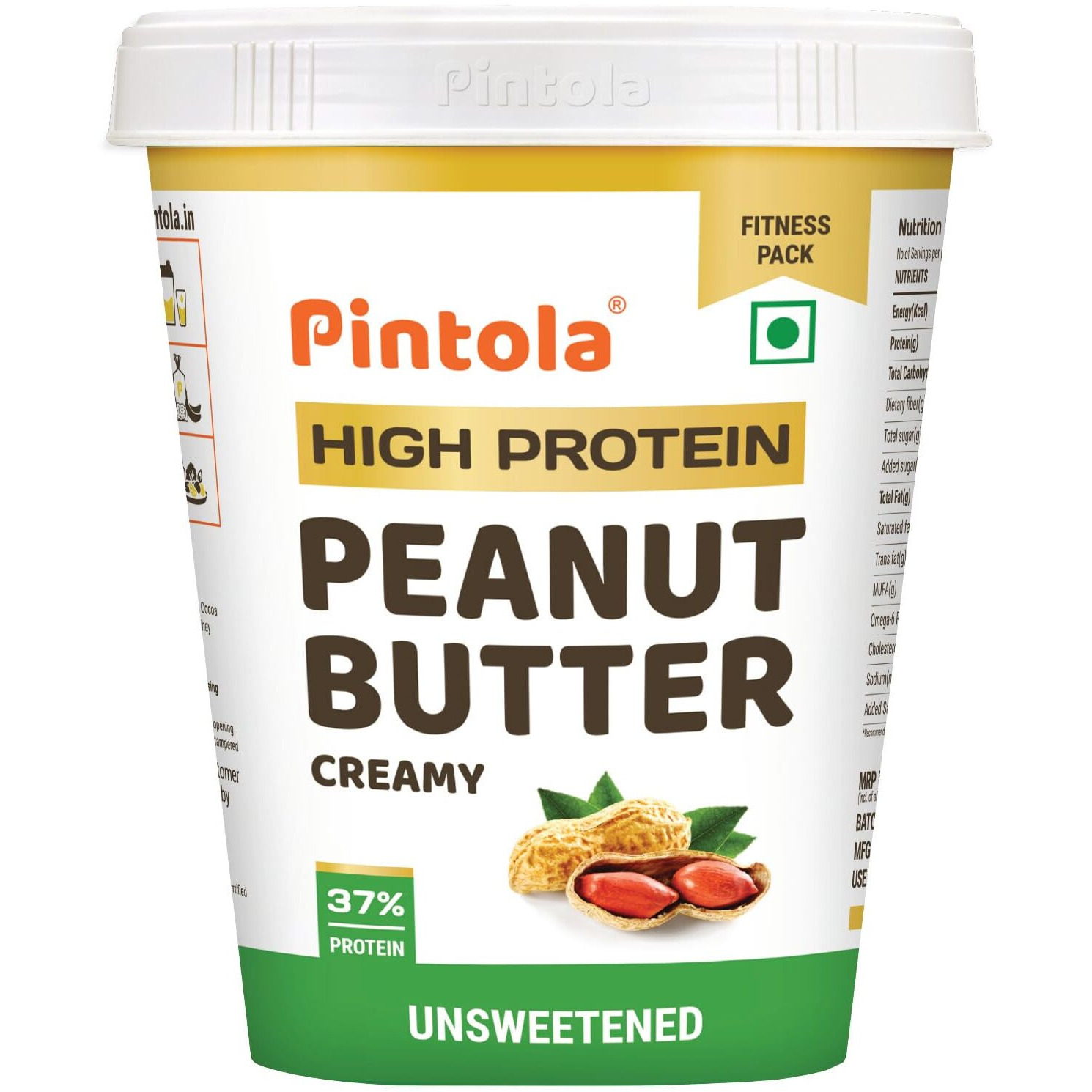 Pintola High Protein All Natural Peanut Butter | Unsweetened | 37% Protein | Imported Whey Protein and Roasted Peanuts (Creamy, 1kg)