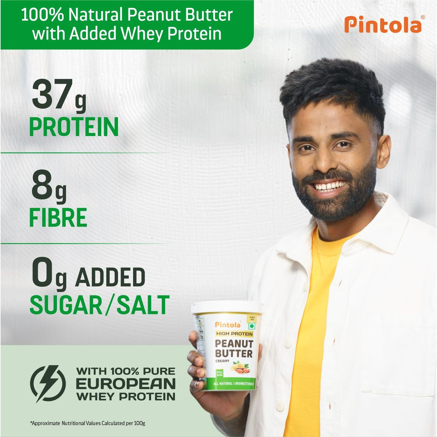 Pintola High Protein All Natural Peanut Butter | Unsweetened | 37% Protein | Imported Whey Protein and Roasted Peanuts (Creamy, 1kg)