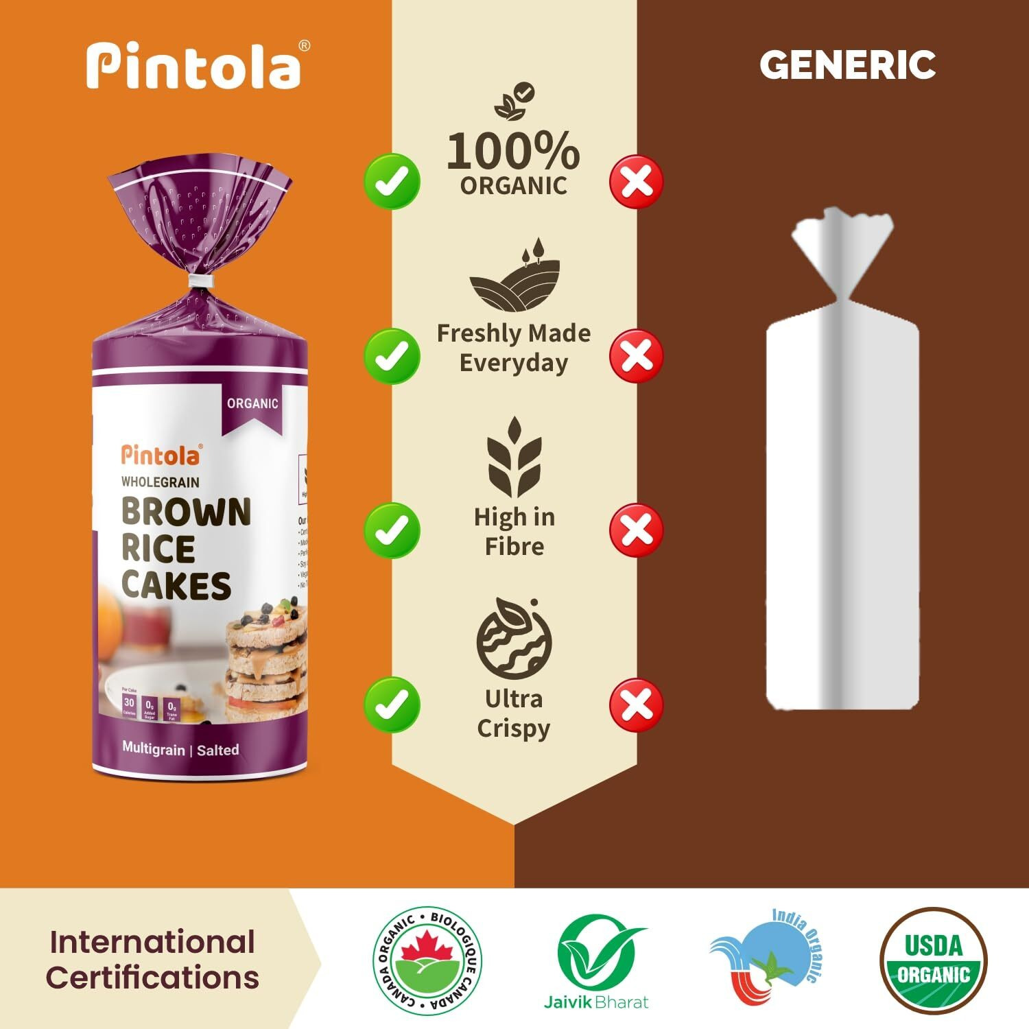 PINTOLA Organic Brown Rice Cake - Multigrain (Salted, Pack of 4) (130 g x 4), Gluten-Free Snack for Weight Loss, Made with 9 Wholegrains, Soy and Yeast-Free, Taste Best With Peanut Butter, Low Fat, 30 calorie per cake