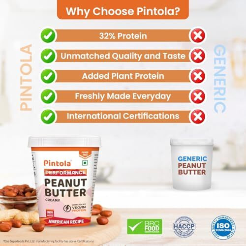 Pintola American Recipe Performance Series Peanut Butter (Creamy) - 510g | Vegan Protein | 32% Protein | High Protein & Fiber
