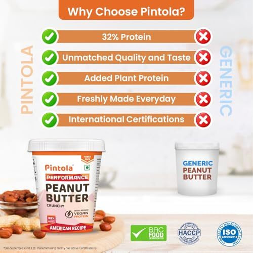 Pintola American Recipe Performance Series Peanut Butter (Crunchy) - 510g | Vegan Protein | 32% Protein | High Protein & Fiber