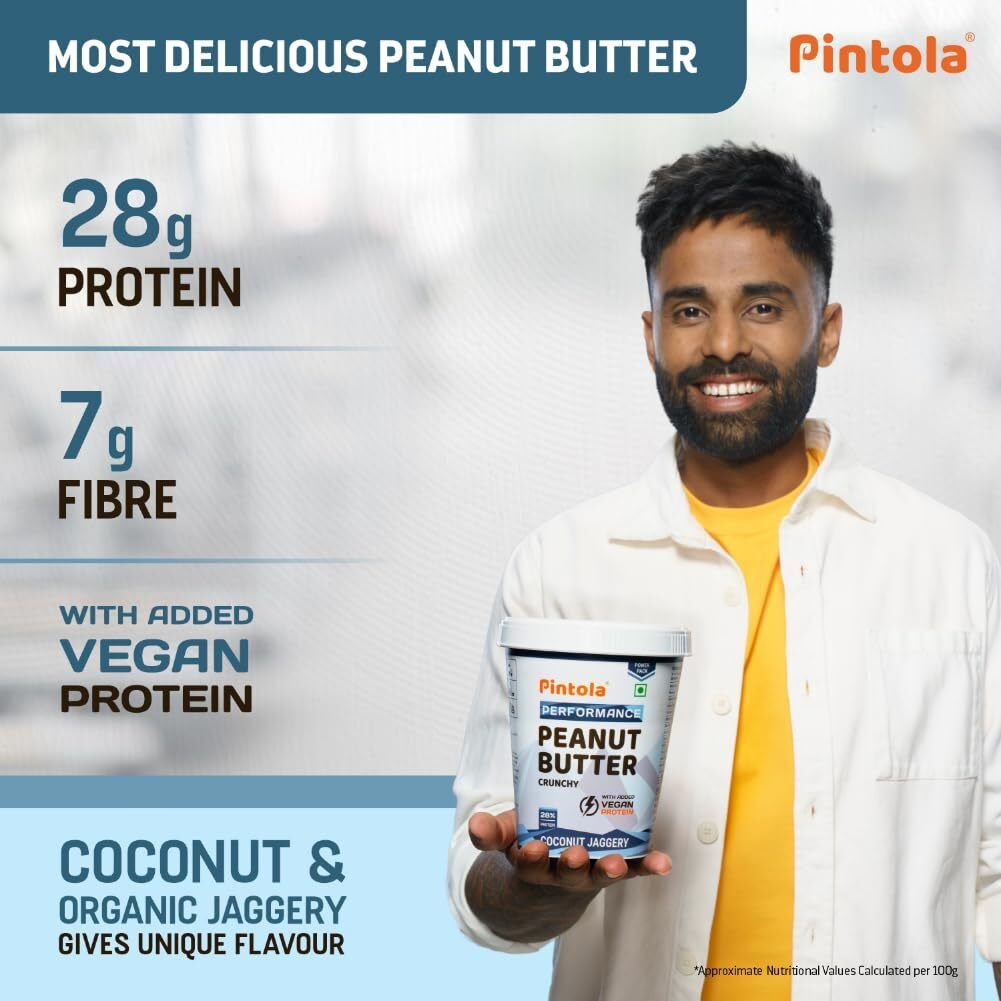 Pintola Plant Protein Peanut Butter Coconut Jaggery Crunchy 510g, 28% High Protein, 7g Fiber, Vegan Protein, Gluten Free, Zero Trans Fat, Nut Butter, Bread Snacks