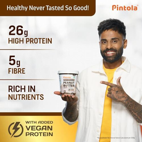 Pintola Plant Protein Peanut Butter Dark Chocolate Crunchy 510g, 26% High Protein, 5g Fiber, Vegan Protein, Gluten Free, Zero Trans Fat, Nut Butter, Bread Snacks