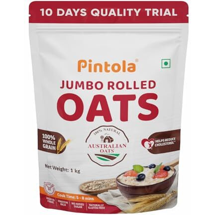 Pintola Oats 1kg, Rolled Oats, Diet Food, Weight Management, Natural Whole Grain, High in Fibre & Protein, Jumbo Rolled, Breakfast Cereals, Gluten Free Oatmeal, Dalia Porridge