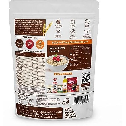 Pintola Oats 1kg, Rolled Oats, Diet Food, Weight Management, Natural Whole Grain, High in Fibre & Protein, Jumbo Rolled, Breakfast Cereals, Gluten Free Oatmeal, Dalia Porridge