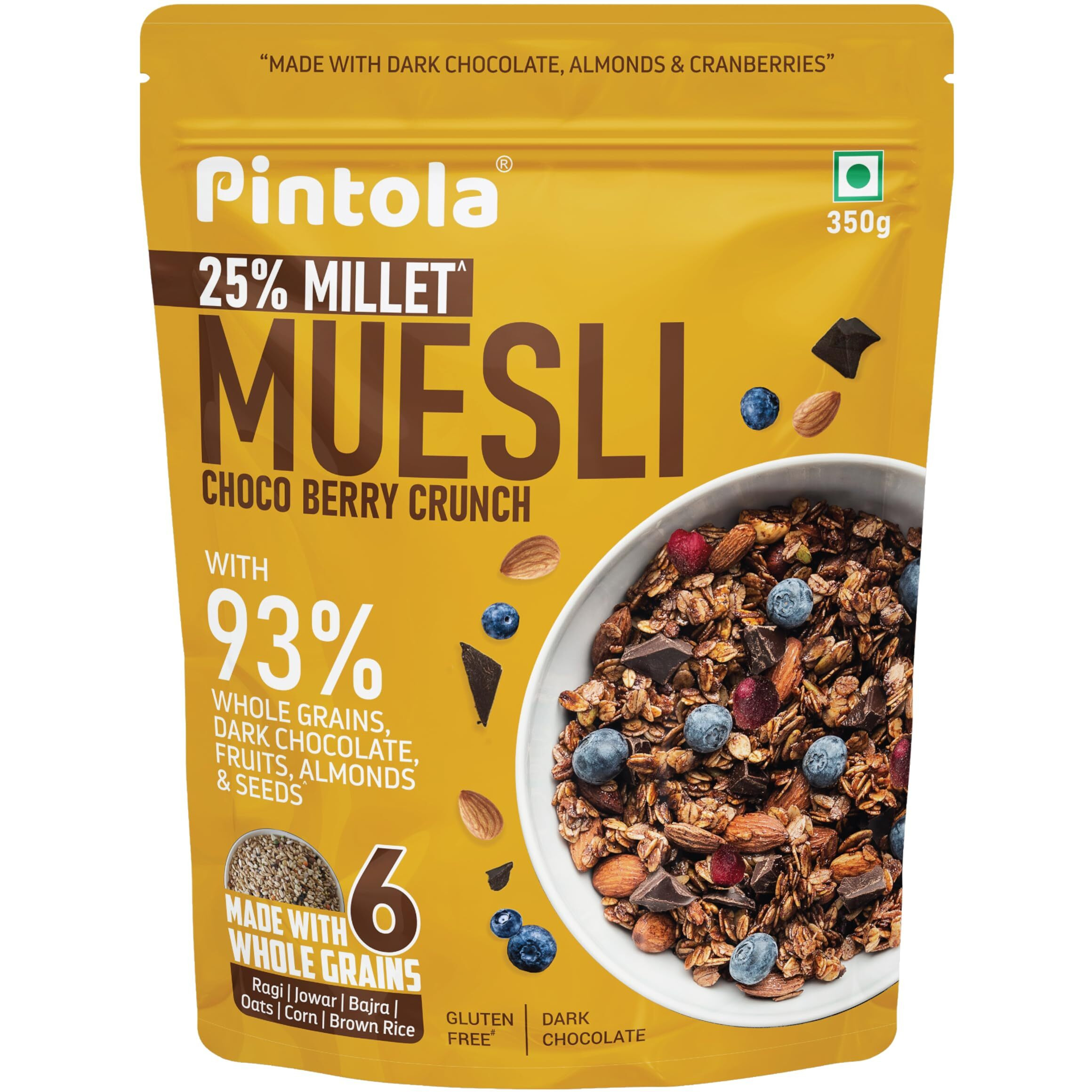 Pintola Dark Chocolate & Cranberry Muesli with 25% Millet & 60% Wholegrains 350g, Cereals for Breakfast with 6 Varied Nuts & Seeds, No Preservatives, High Protein Muesli, Fibre Rich, Cholesterol Free