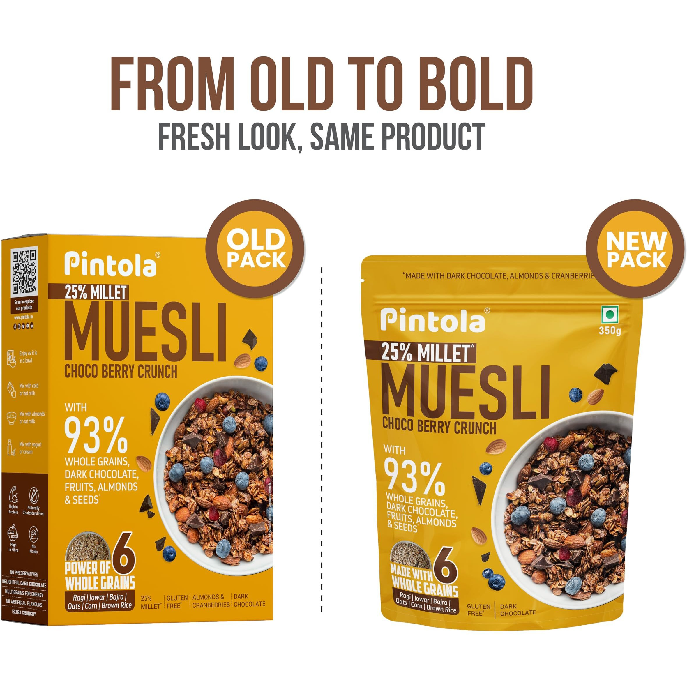 Pintola Dark Chocolate & Cranberry Muesli with 25% Millet & 60% Wholegrains 350g, Cereals for Breakfast with 6 Varied Nuts & Seeds, No Preservatives, High Protein Muesli, Fibre Rich, Cholesterol Free
