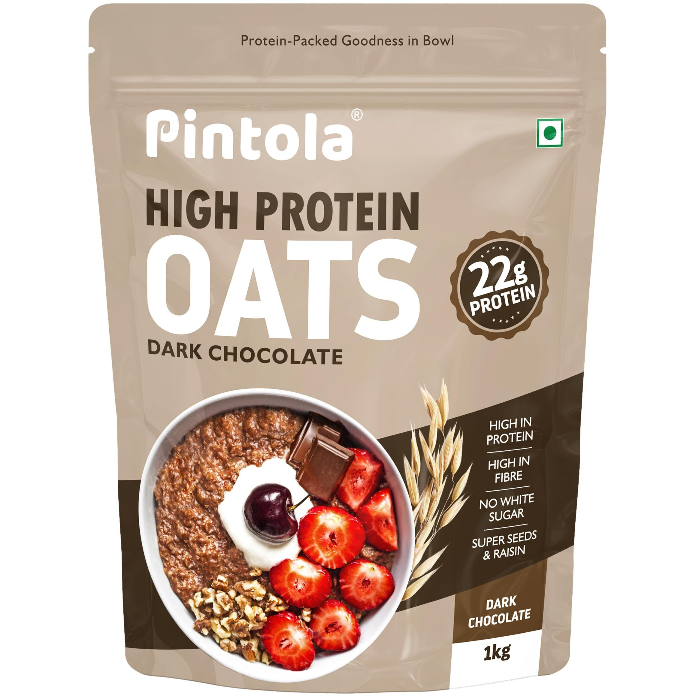 PINTOLA 22g High Protein Oats 1kg, Dark Chocolate,No Refined Sugar, Almonds, Raisin, Pumpkin and Chia Seeds, 8g Fibre, Breakfast Cereals, Gluten Free, Wholegrain Rolled Oats, Natural Dalia Porridge