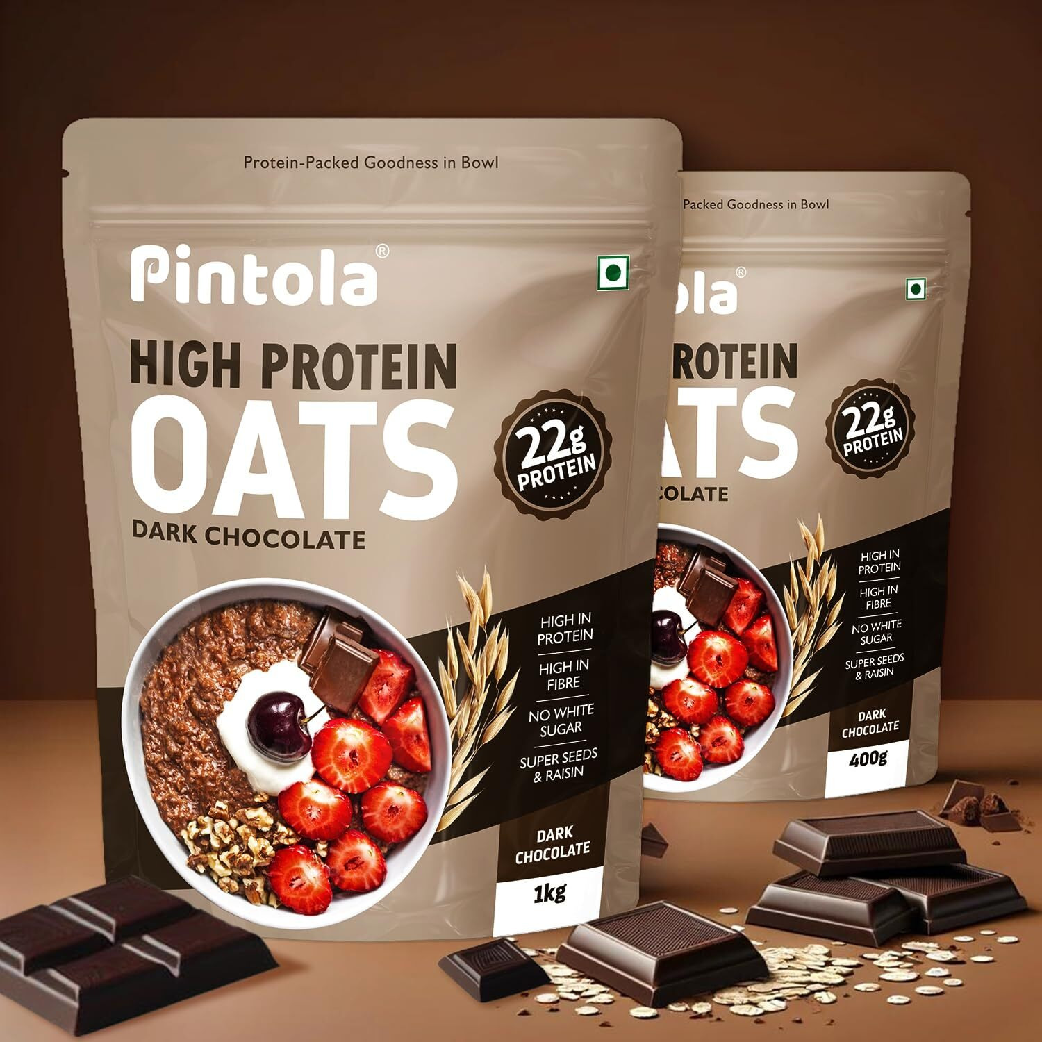 PINTOLA 22g High Protein Oats 1kg, Dark Chocolate,No Refined Sugar, Almonds, Raisin, Pumpkin and Chia Seeds, 8g Fibre, Breakfast Cereals, Gluten Free, Wholegrain Rolled Oats, Natural Dalia Porridge