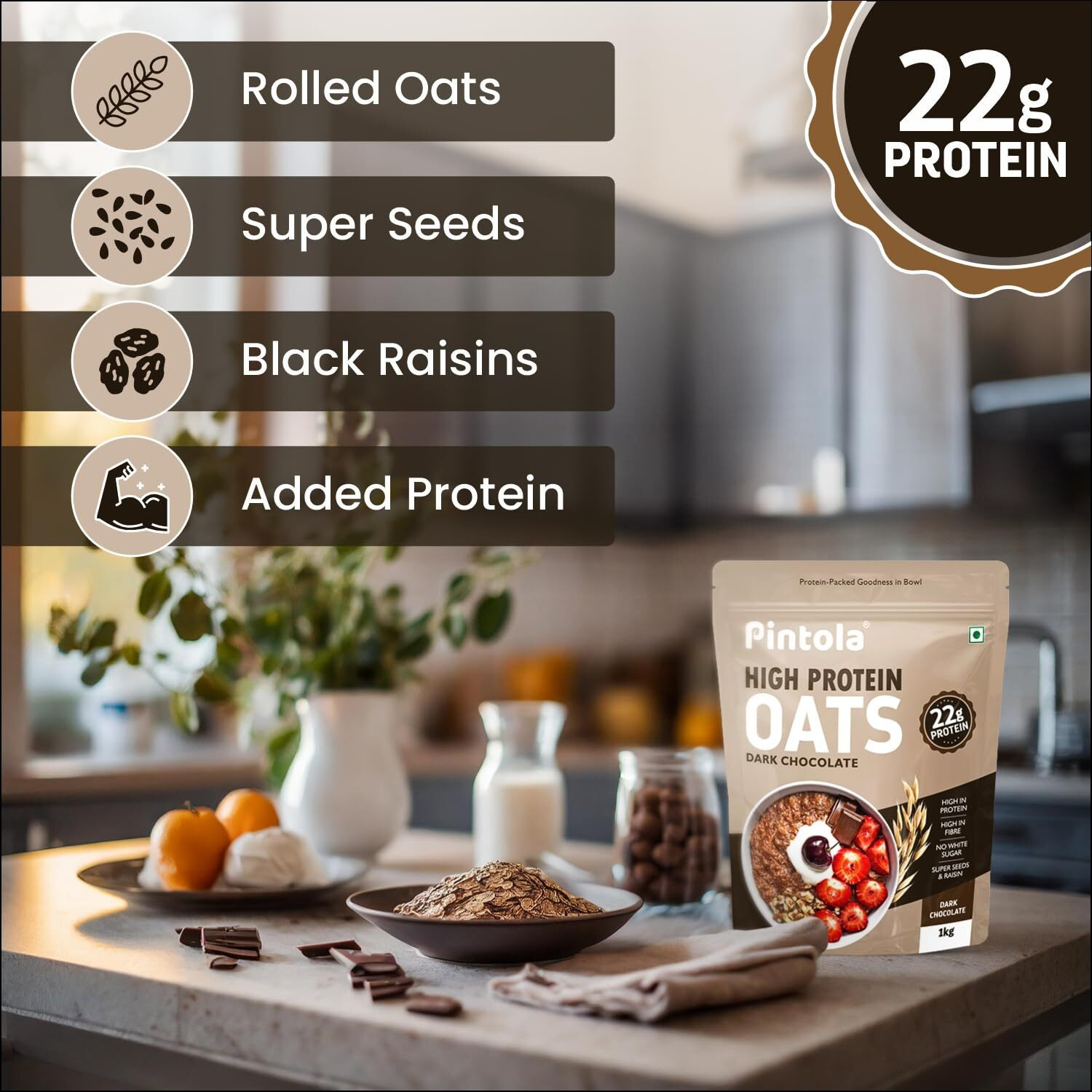 PINTOLA 22g High Protein Oats 1kg, Dark Chocolate,No Refined Sugar, Almonds, Raisin, Pumpkin and Chia Seeds, 8g Fibre, Breakfast Cereals, Gluten Free, Wholegrain Rolled Oats, Natural Dalia Porridge