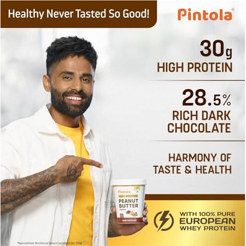 Pintola HIGH Protein DARK Chocolate Peanut Butter (Crispy, 510g) 30g Protein, Whey Protein, High Fiber, Crispy, Gluten Free, Zero Trans Fat & Unsalted Chocolate flavour Nutbutter, Premium Roasted Nuts