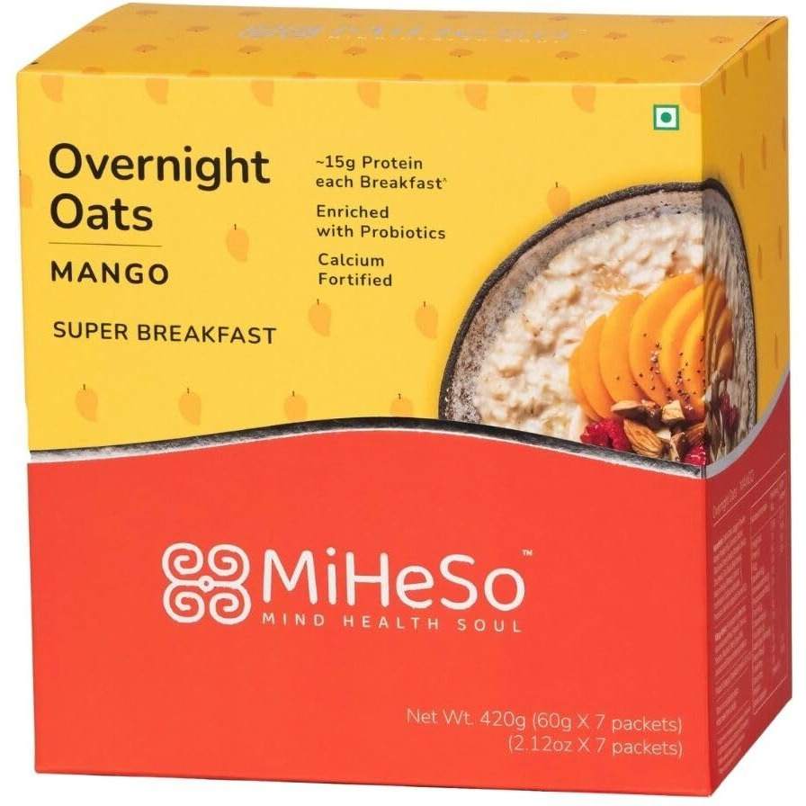 MiHeSo Mind Health Soul Overnight Oats (Mango) 420g | Healthy Oatmeal Breakfast | Ideal for Weight loss, Fitness | No Refined Sugar | High Protein, Calcium and Fibre | Gluten free | Added Probiotics