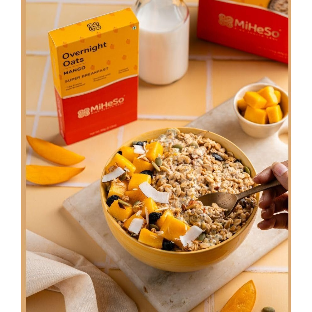 MiHeSo Mind Health Soul Overnight Oats (Mango) 420g | Healthy Oatmeal Breakfast | Ideal for Weight loss, Fitness | No Refined Sugar | High Protein, Calcium and Fibre | Gluten free | Added Probiotics
