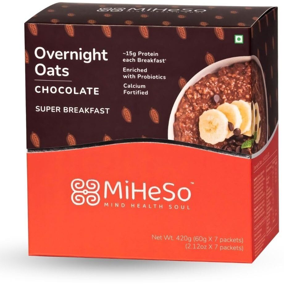 MiHeSo Mind Health Soul Miheso Overnight Oats (Chocolate) 420G|Healthy Oatmeal Breakfast|Ideal For Weight Loss,Fitness|No Refined Sugar|High Protein,Calcium&Fibre|Gluten Free|Added Probiotics