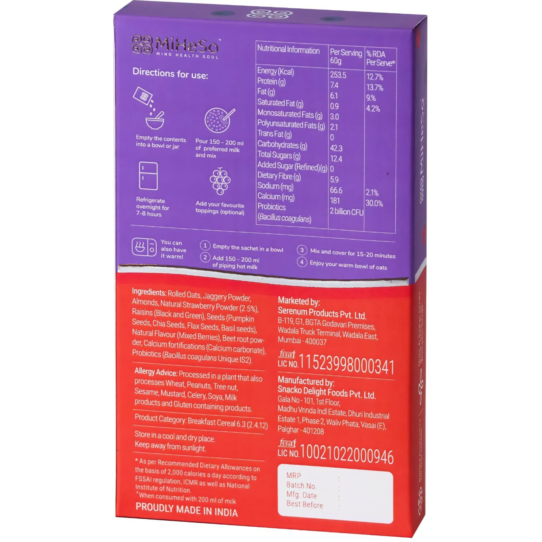 MiHeSo Mind Health Soul Overnight Oats 60g | Wholegrain Premium Oats | No Preservatives| Loaded with Super Seeds | High Protein, Calcium and Fibre Content (Mixed Berries - Sampler)