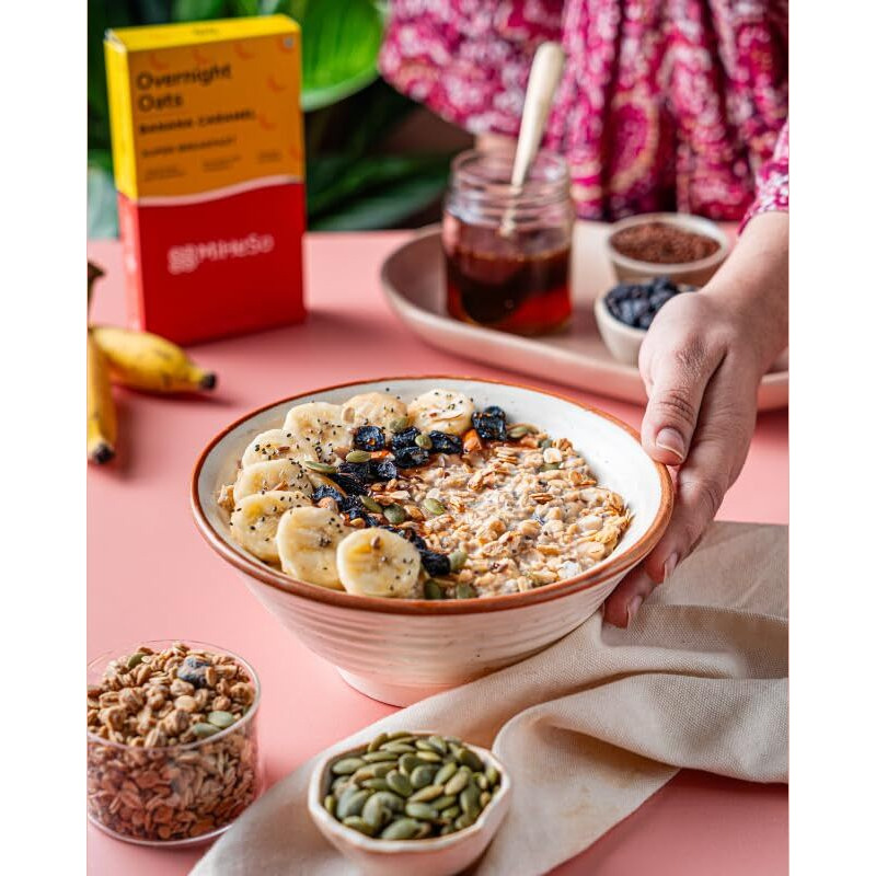 MiHeSo Mind Health Soul Overnight Oats 60g | Wholegrain Premium Oats | No Preservatives| Loaded with Super Seeds | High Protein, Calcium and Fibre Content (Banana Caramel - Sampler)