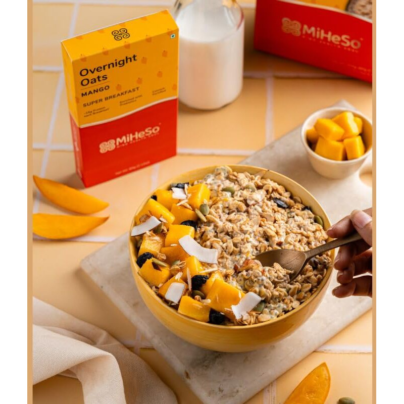 MiHeSo Mind Health Soul Overnight Oats Mango Sampler - 60G | Healthy Oatmeal Breakfast | No Refined Sugar | High Protein, Calcium And Fibre | Gluten Free | Added Probiotics